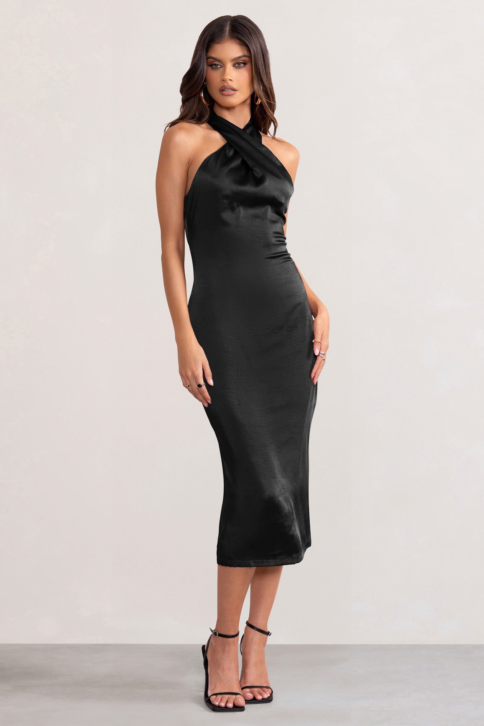 Dazzling | Black Satin Cross Over Halter Neck Midi Dress