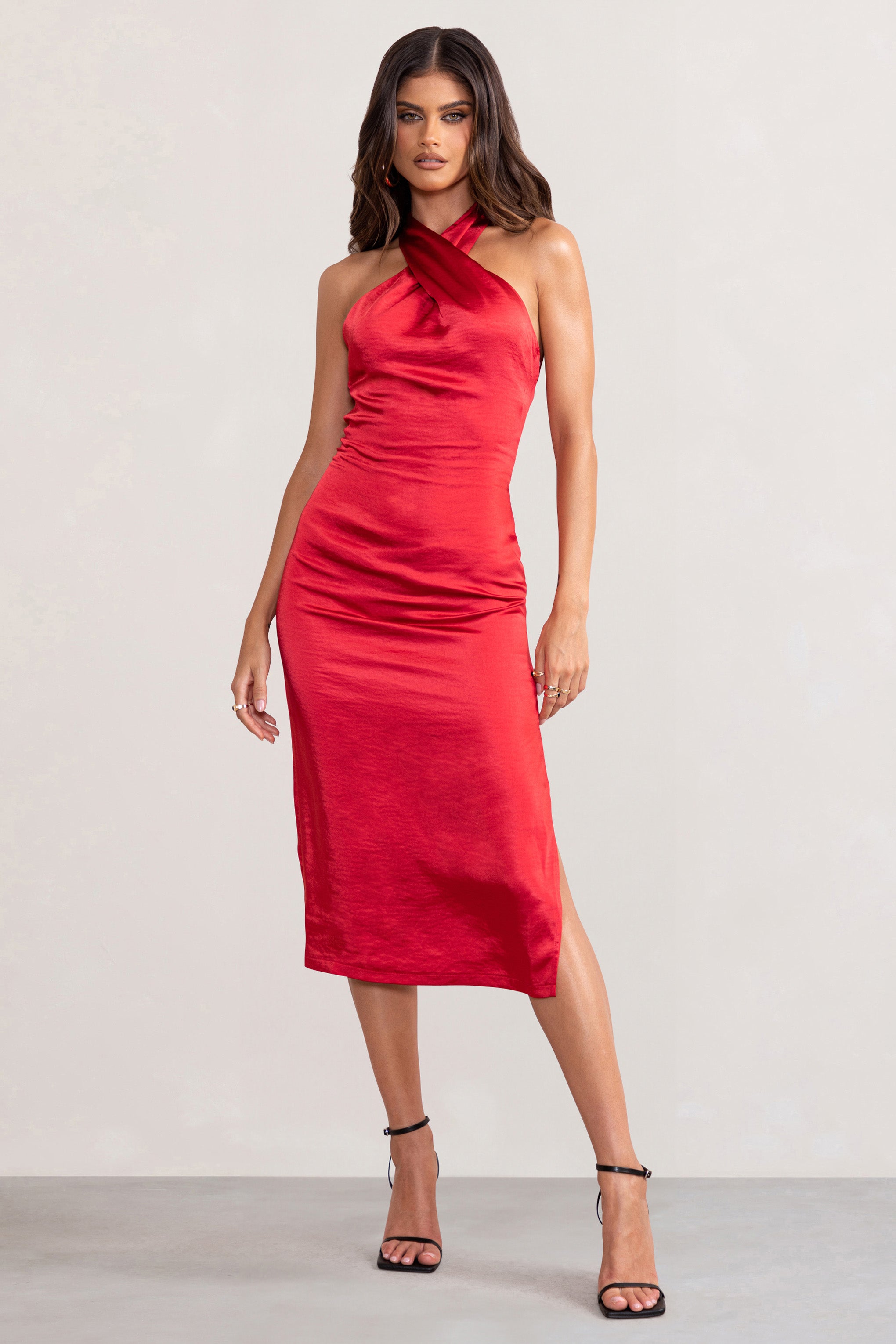 Dazzling | Red Satin Cross Over Halter Neck Midi Dress