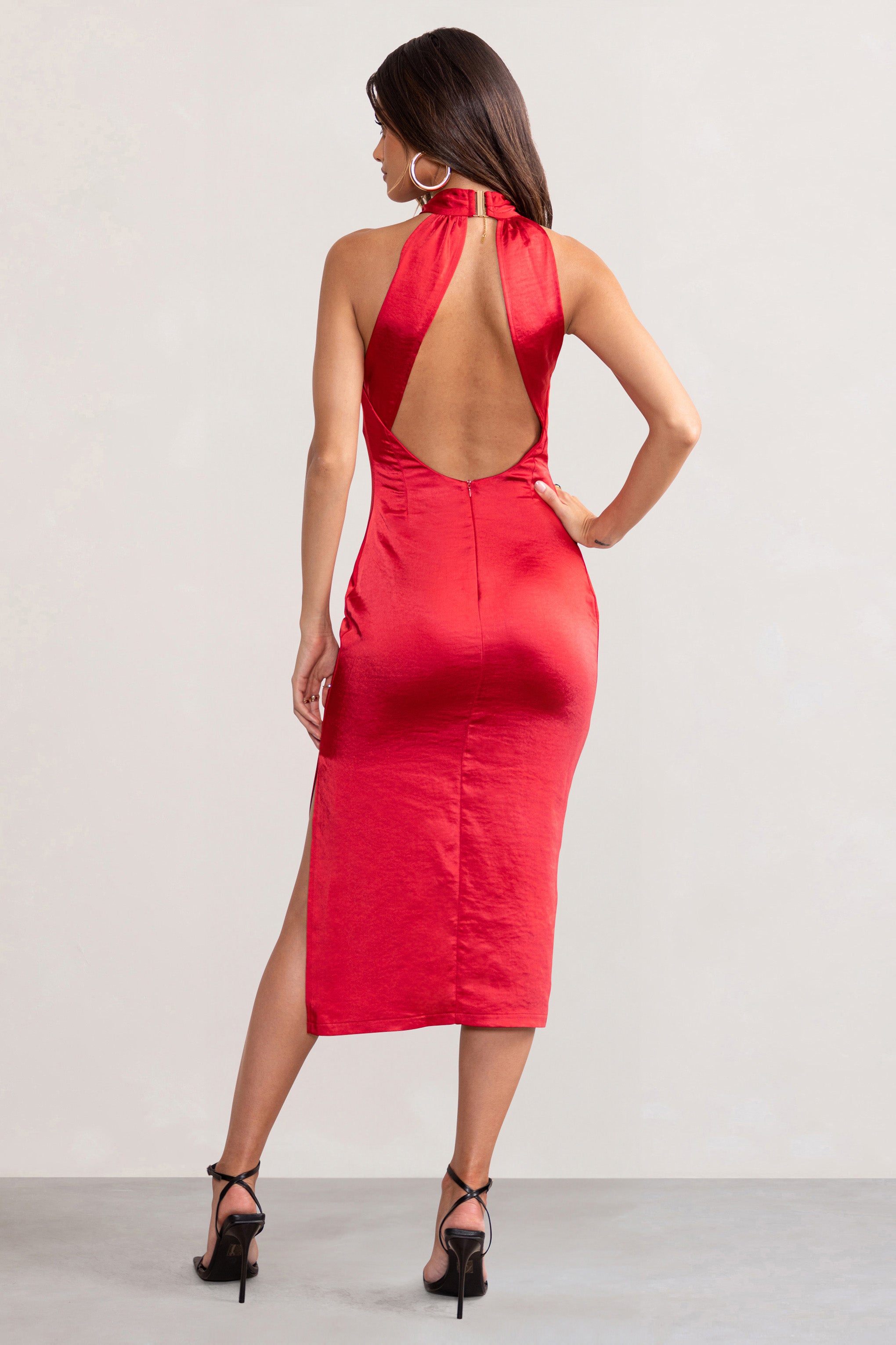 Dazzling | Red Satin Cross Over Halter Neck Midi Dress