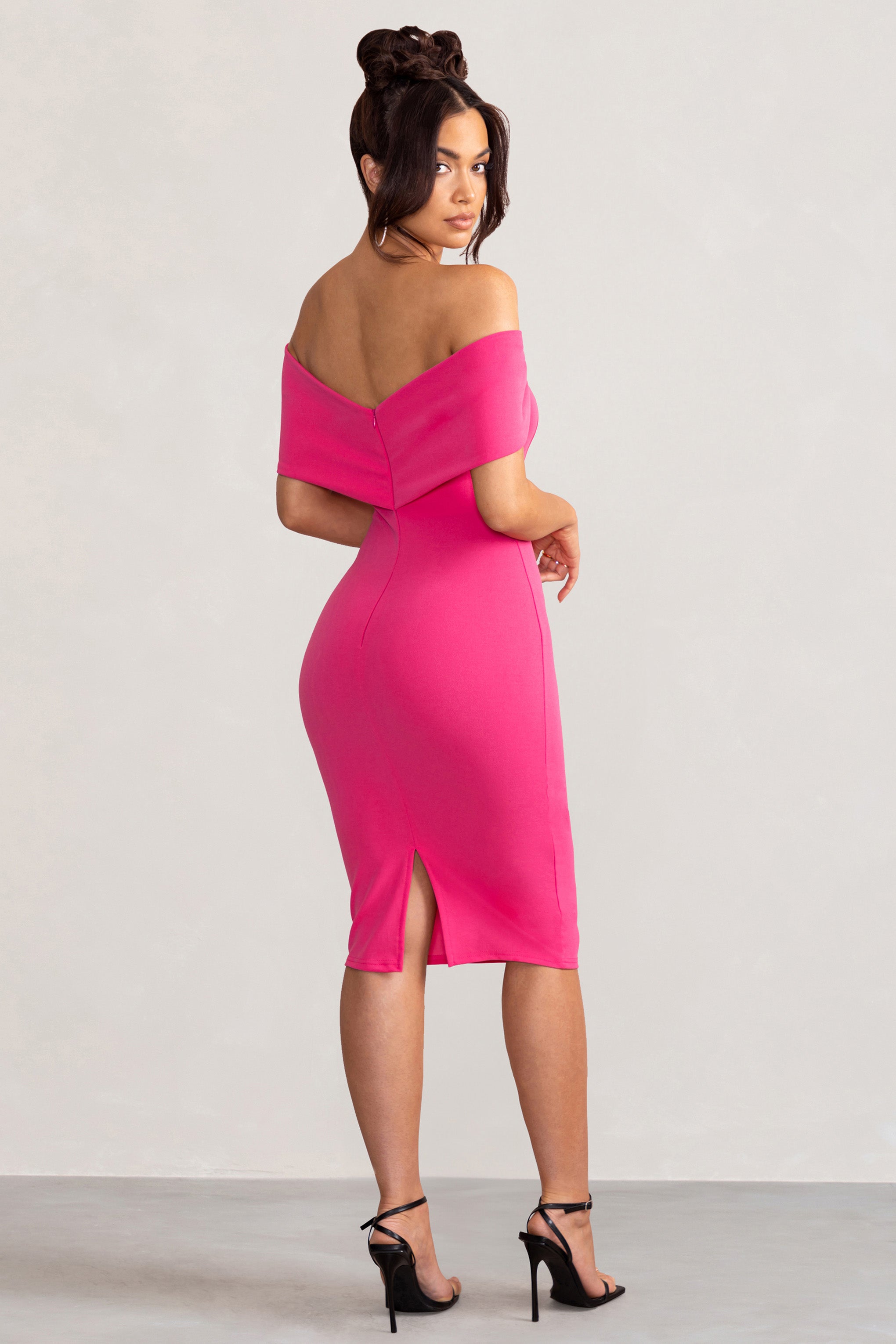 Alyssa | Hot Pink Bardot Bow Detail Midi Dress