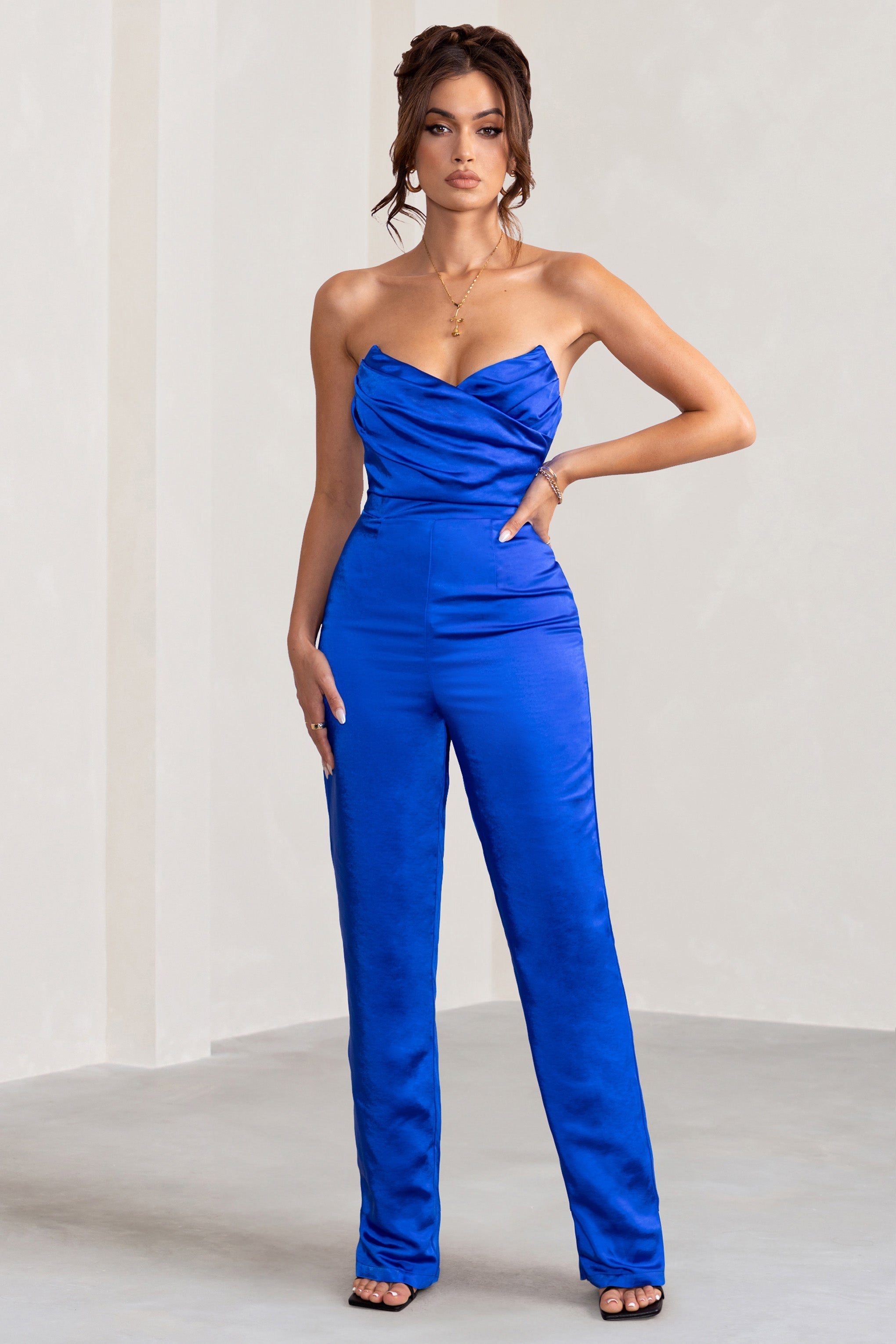 Amiah | Cobalt Blue Satin Strapless Straight Leg Jumpsuit