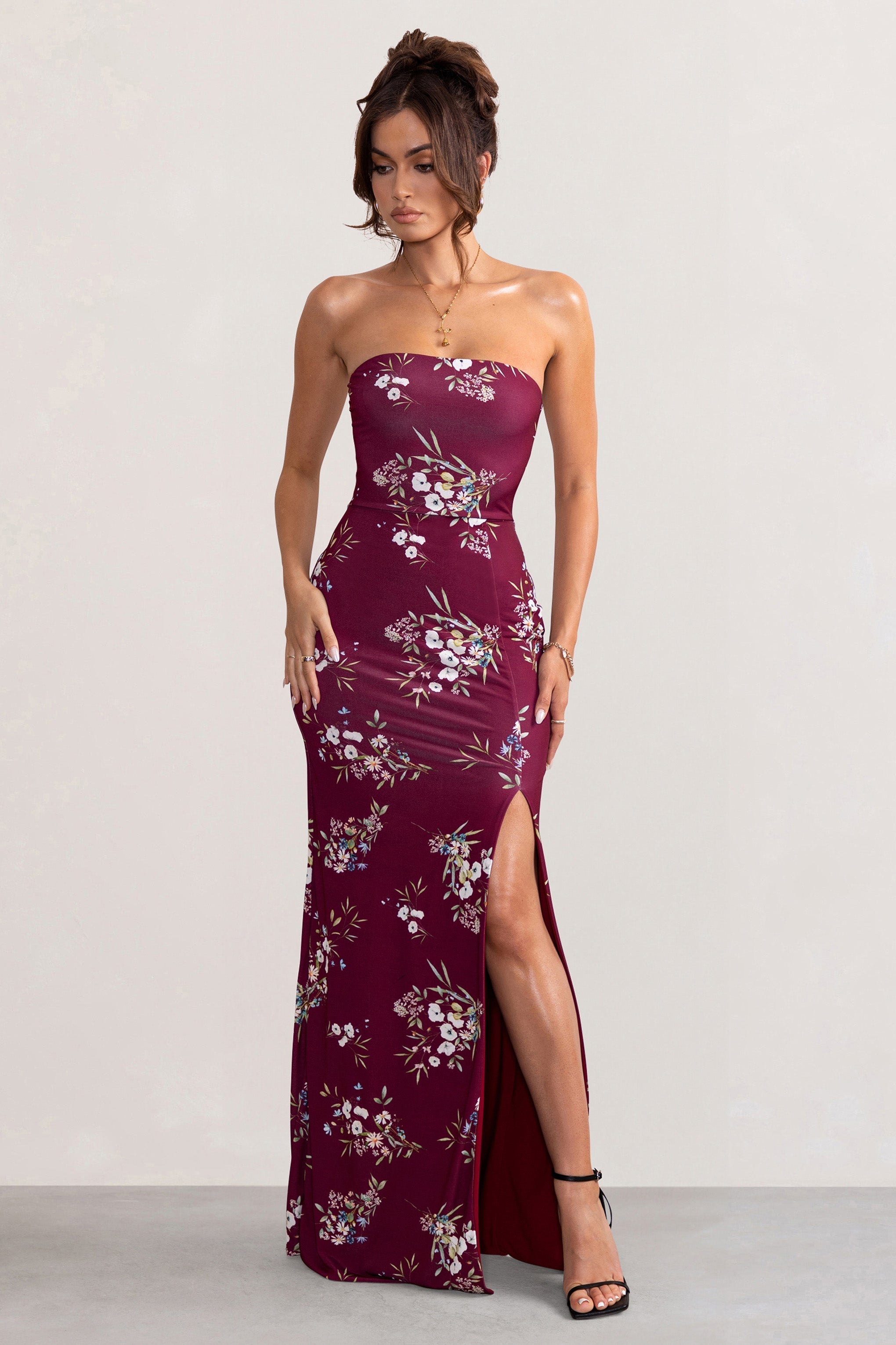 Camila | Burgundy Floral Print Strapless Maxi Dress With Thigh Split