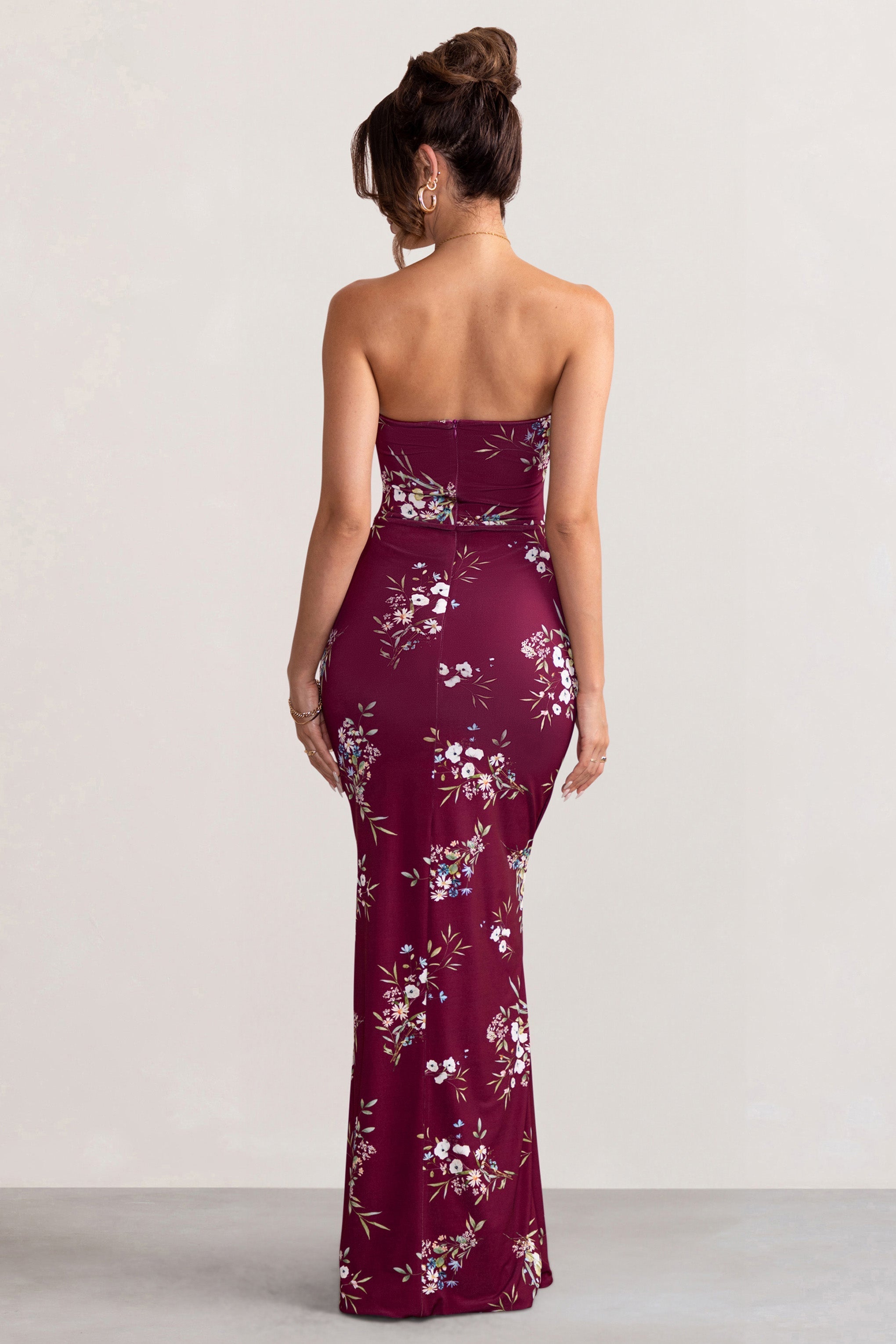 Camila | Burgundy Floral Print Strapless Maxi Dress With Thigh Split