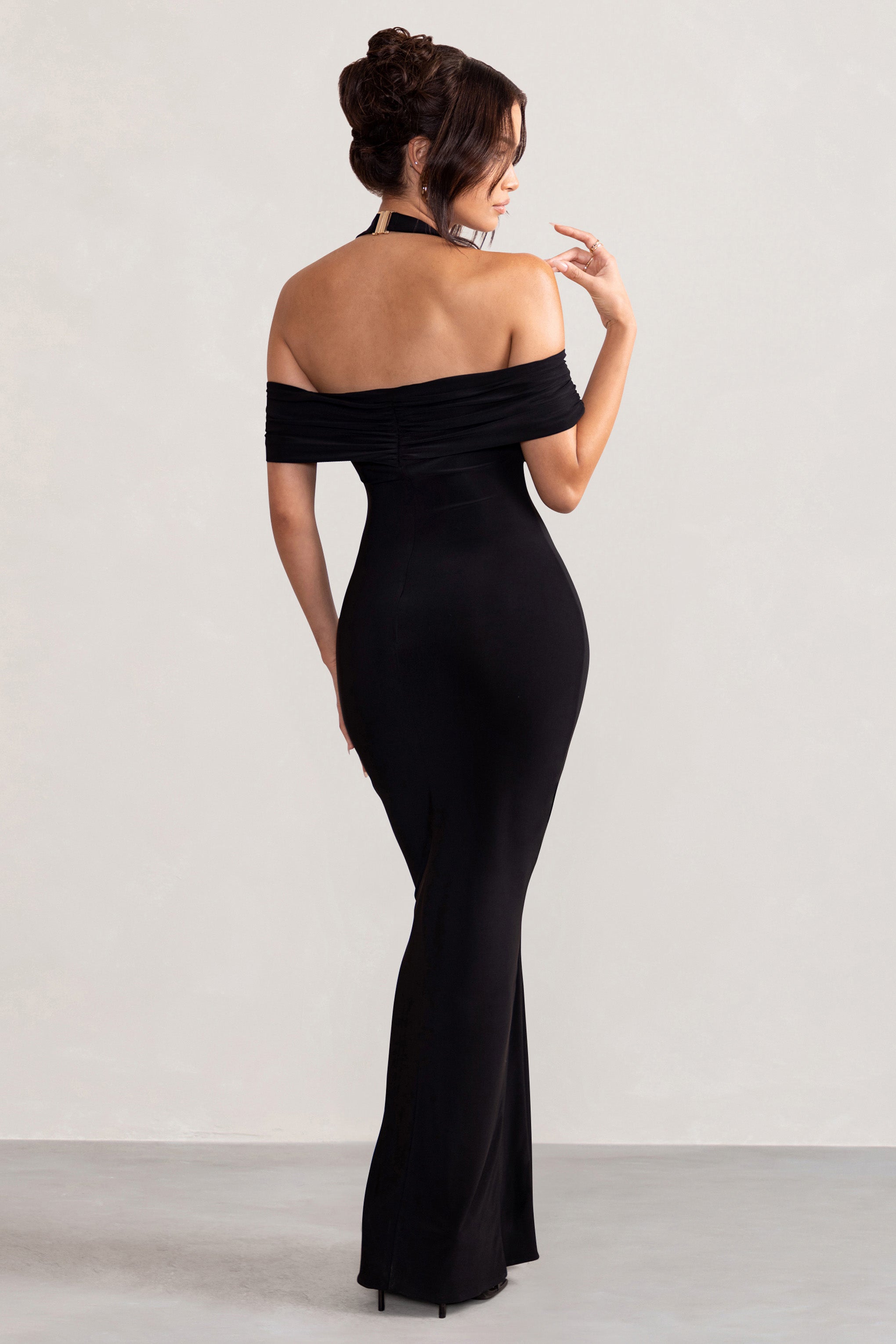 Anisa | Black Halter Neck Bardot Maxi Dress With Thigh Split