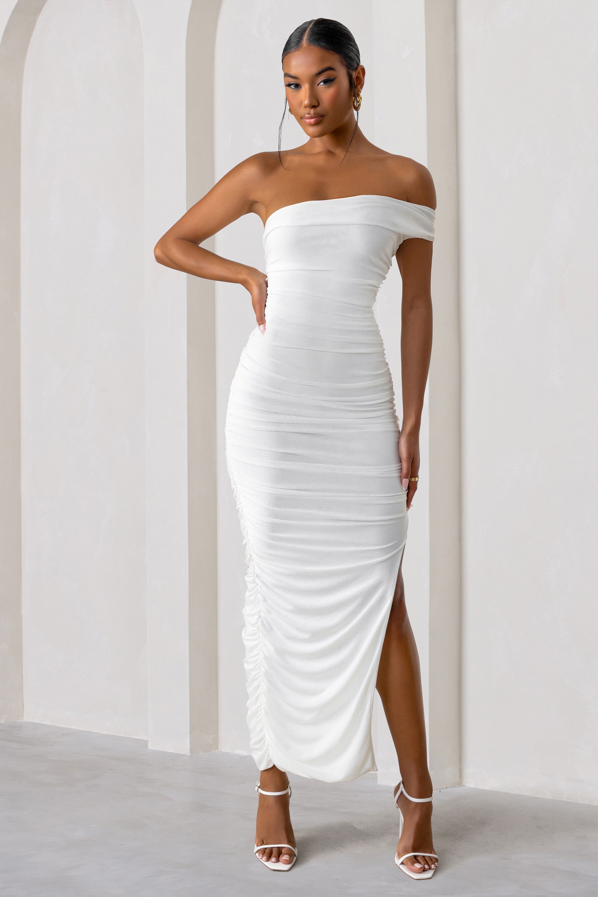 Celine | White Asymmetric One Shoulder Ruched Maxi Dress With Curved Cut Out