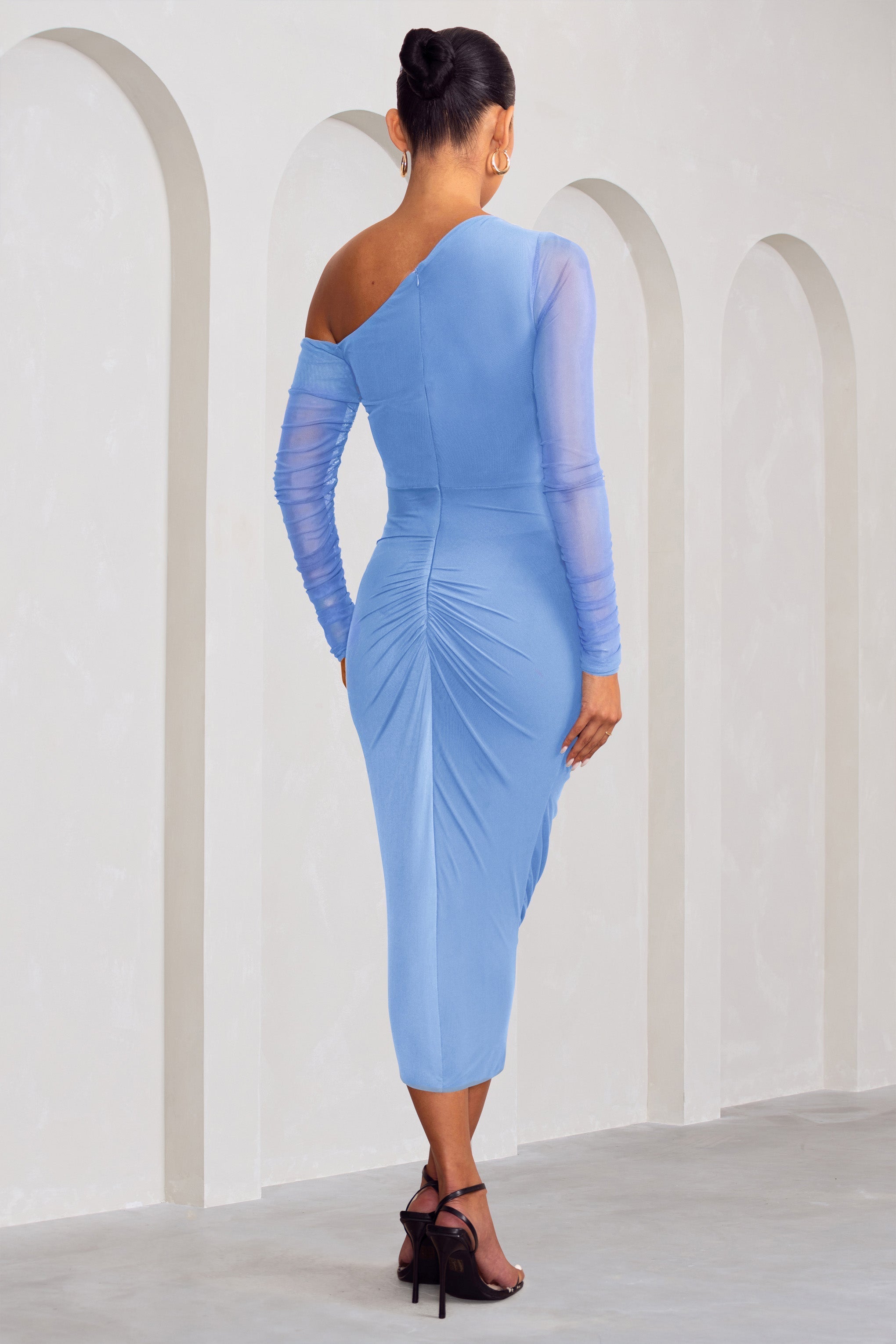 Sweet Dreams | Powder Blue Maternity Asymmetric Ruched Midi Dress