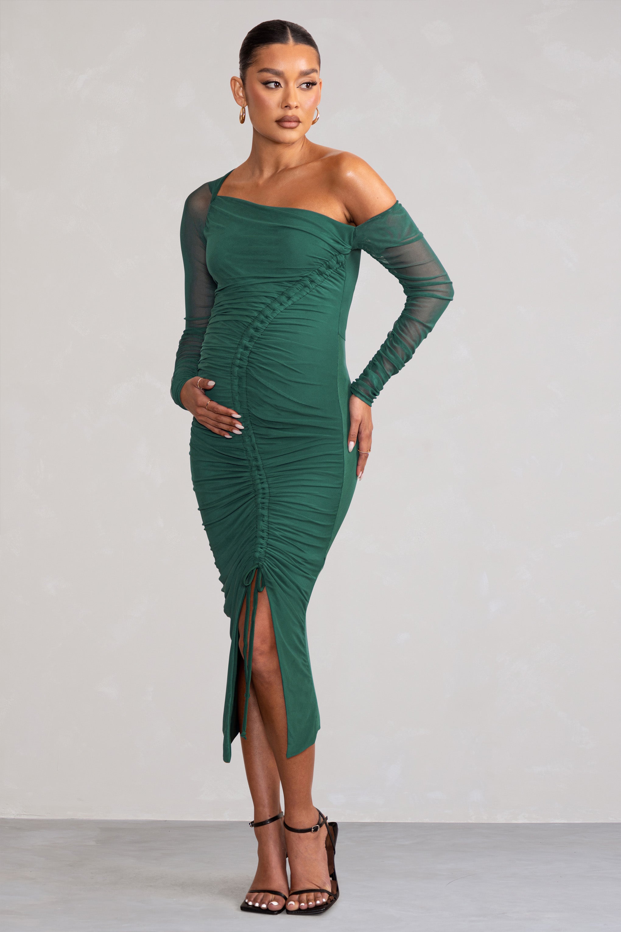 Sweet Dreams | Green Maternity Asymmetric Ruched Midi Dress