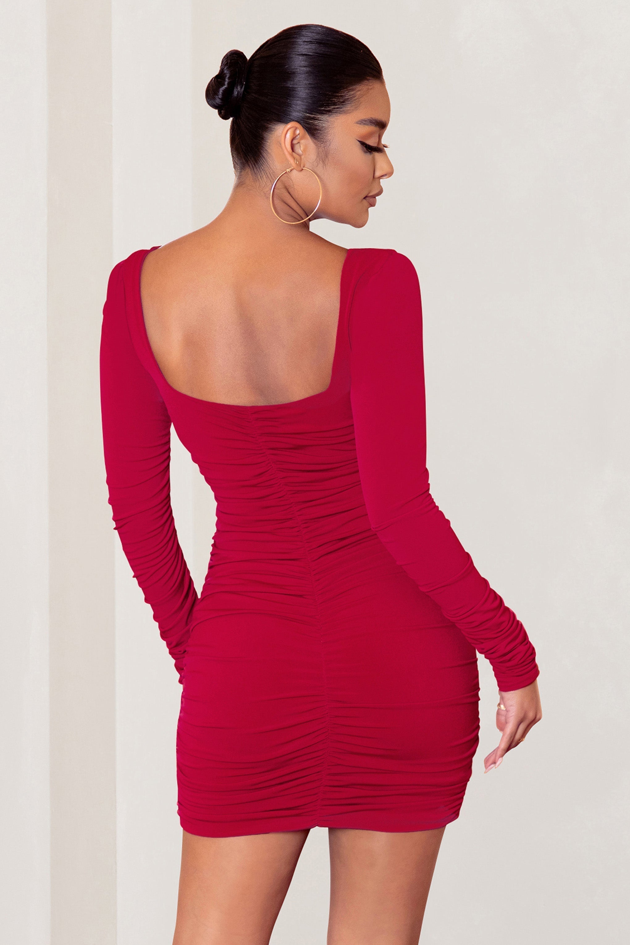 Muse | Red Long Sleeve Square Neck Ruched Mini Dress