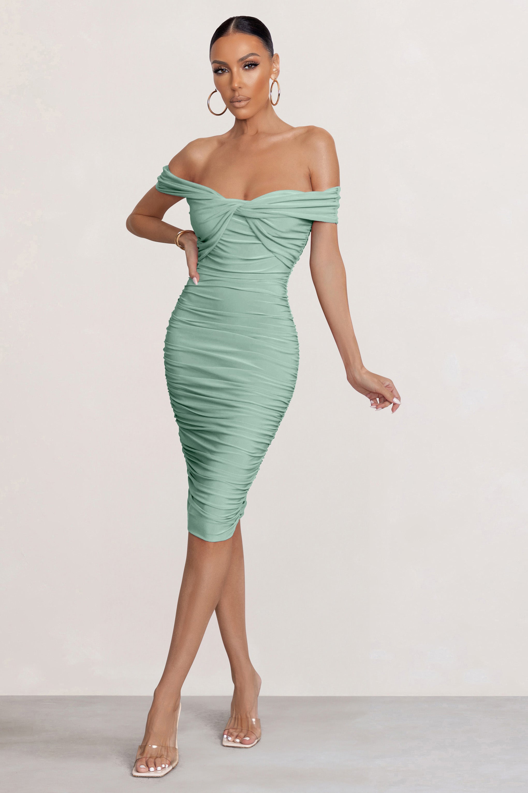 Gratitude | Sage Off The Shoulder Ruched Midi Dress