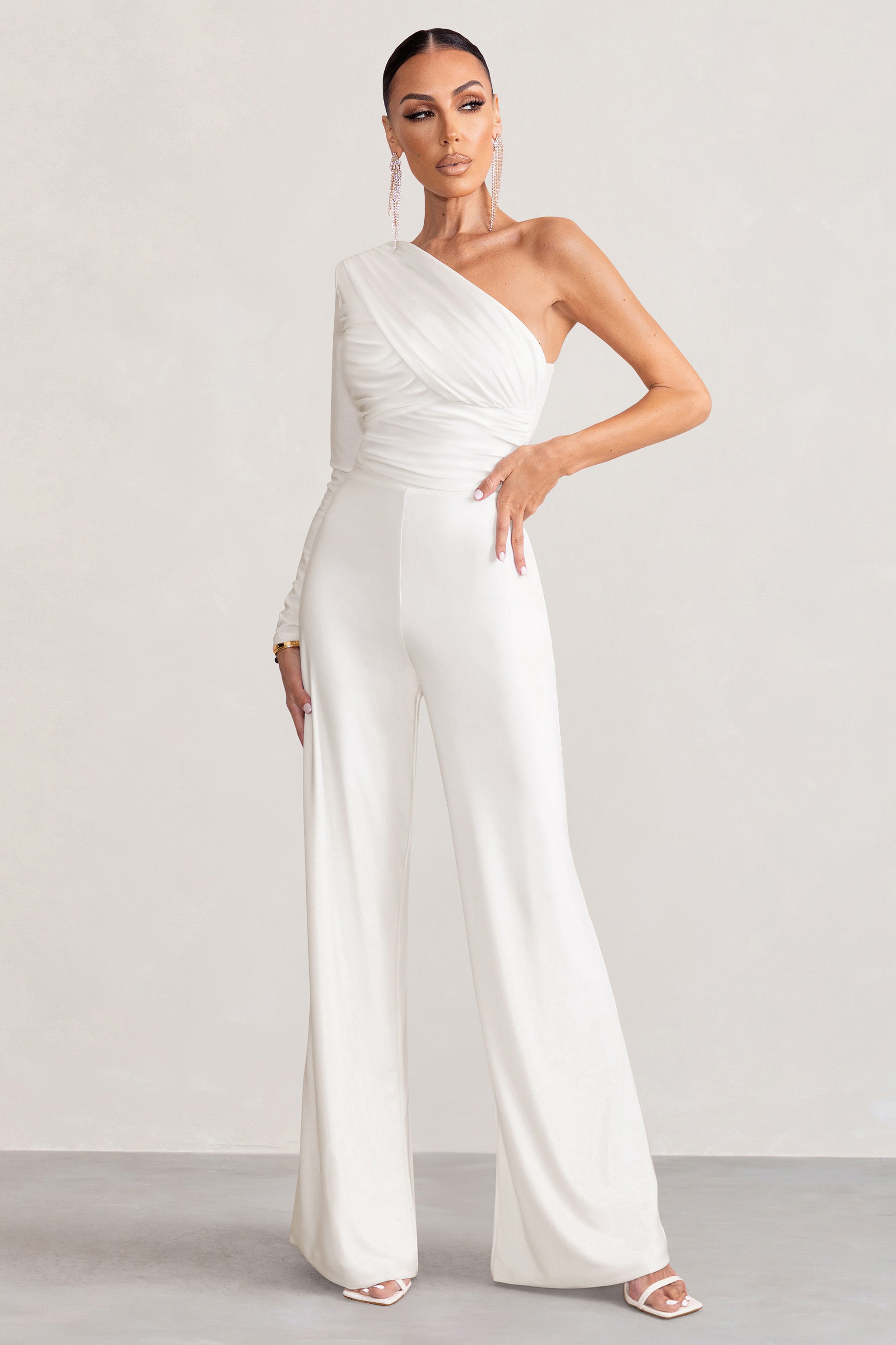 Mila | White One Shoulder Ruched Wide Leg Jumpsuit