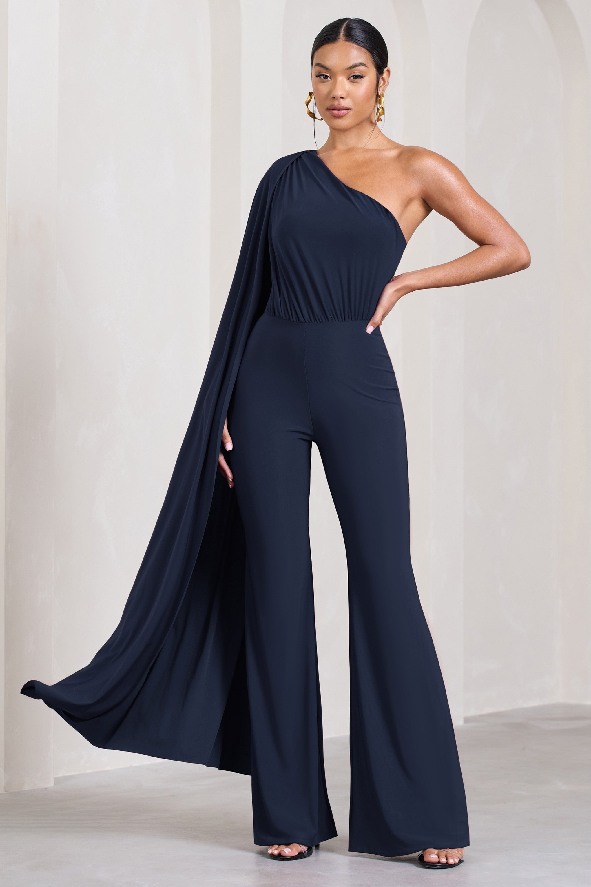 Aurora | Navy One Shoulder Cape Sleeve Jumpsuit