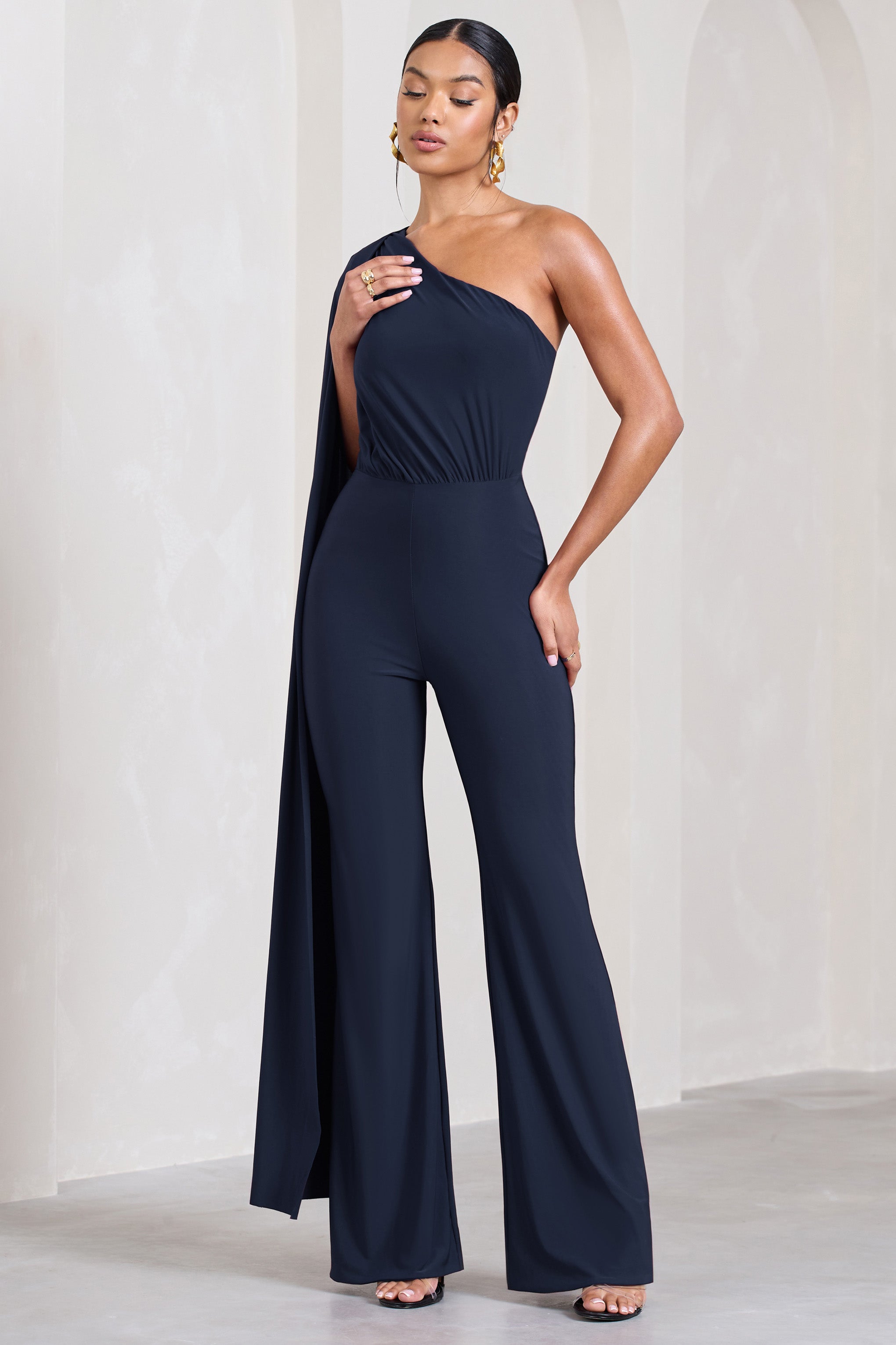 Aurora | Navy One Shoulder Cape Sleeve Jumpsuit