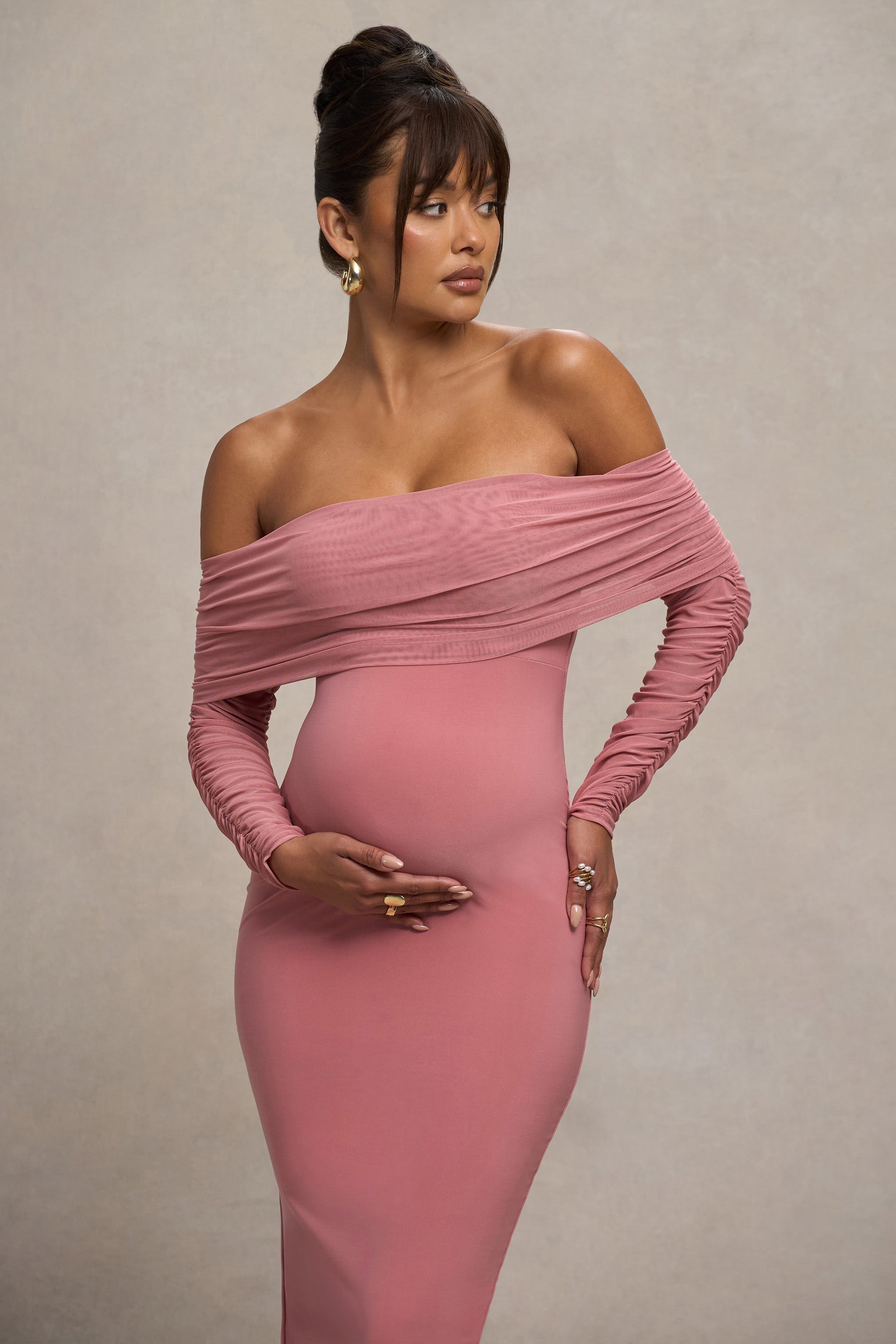 Patiently Waiting | Blush Pink Maternity Ruched Mesh Bardot Midi Dress