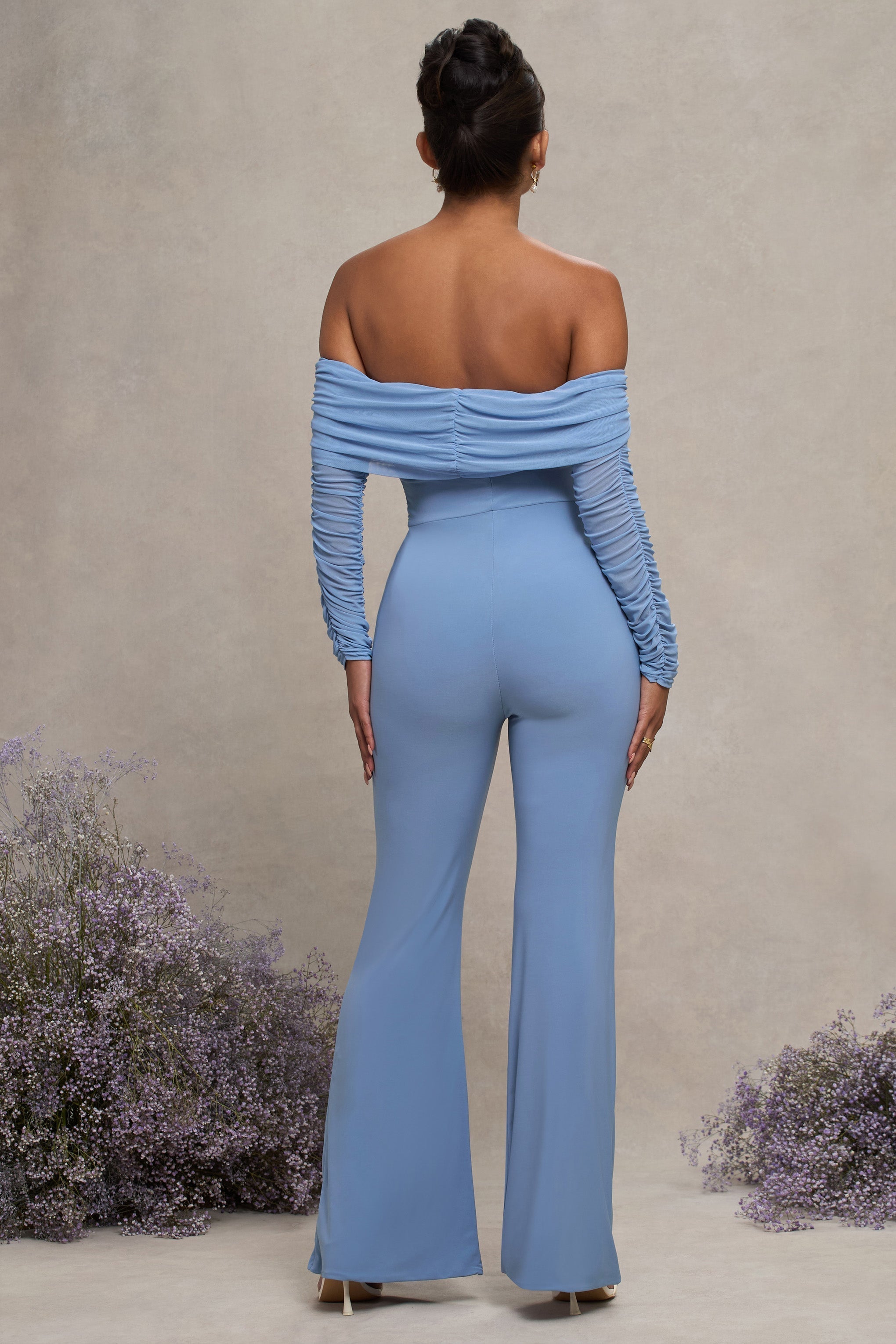 Count Down | Powder Blue Maternity Ruched Mesh Bardot Jumpsuit