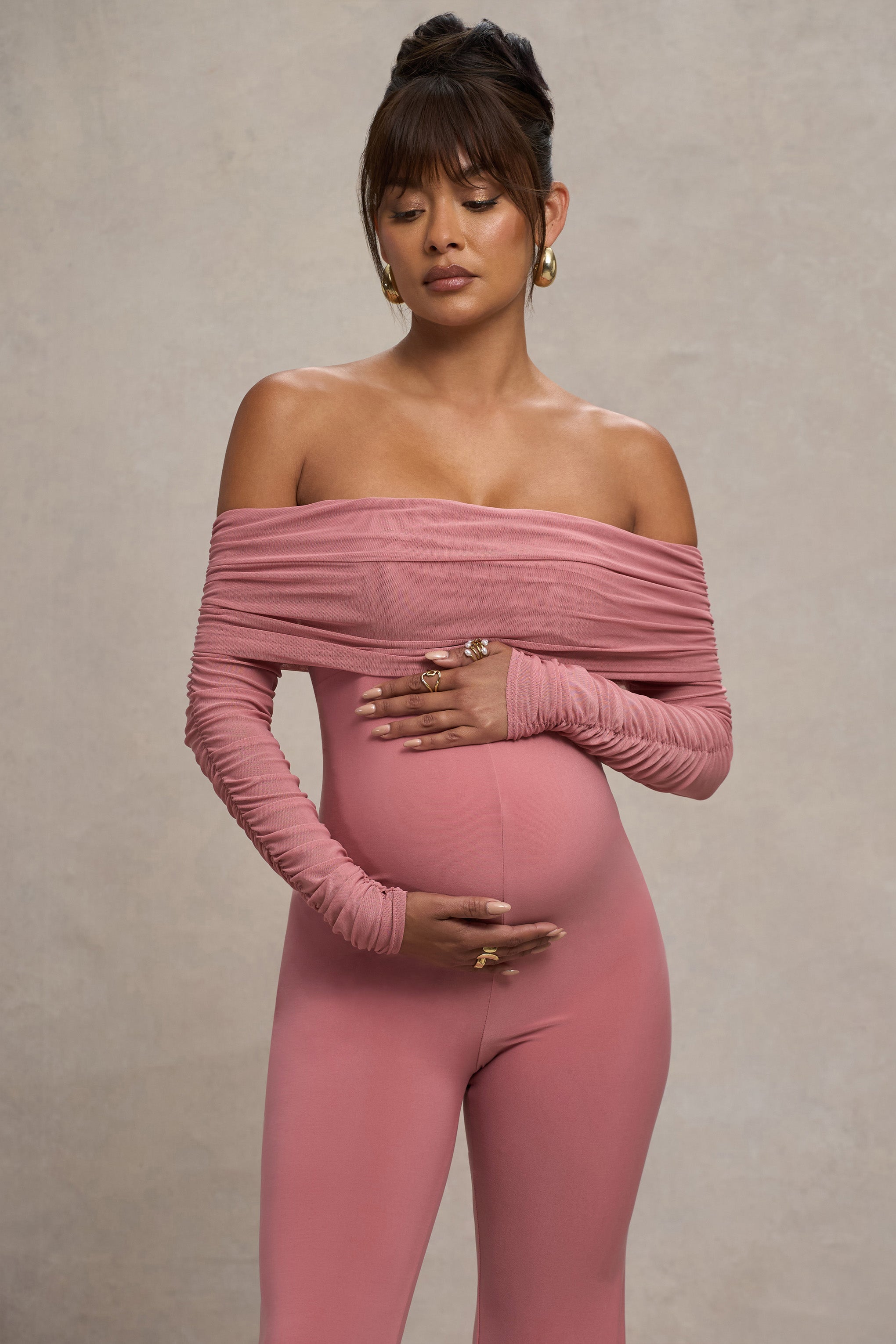 Count Down | Blush Pink Maternity Ruched Mesh Bardot Jumpsuit