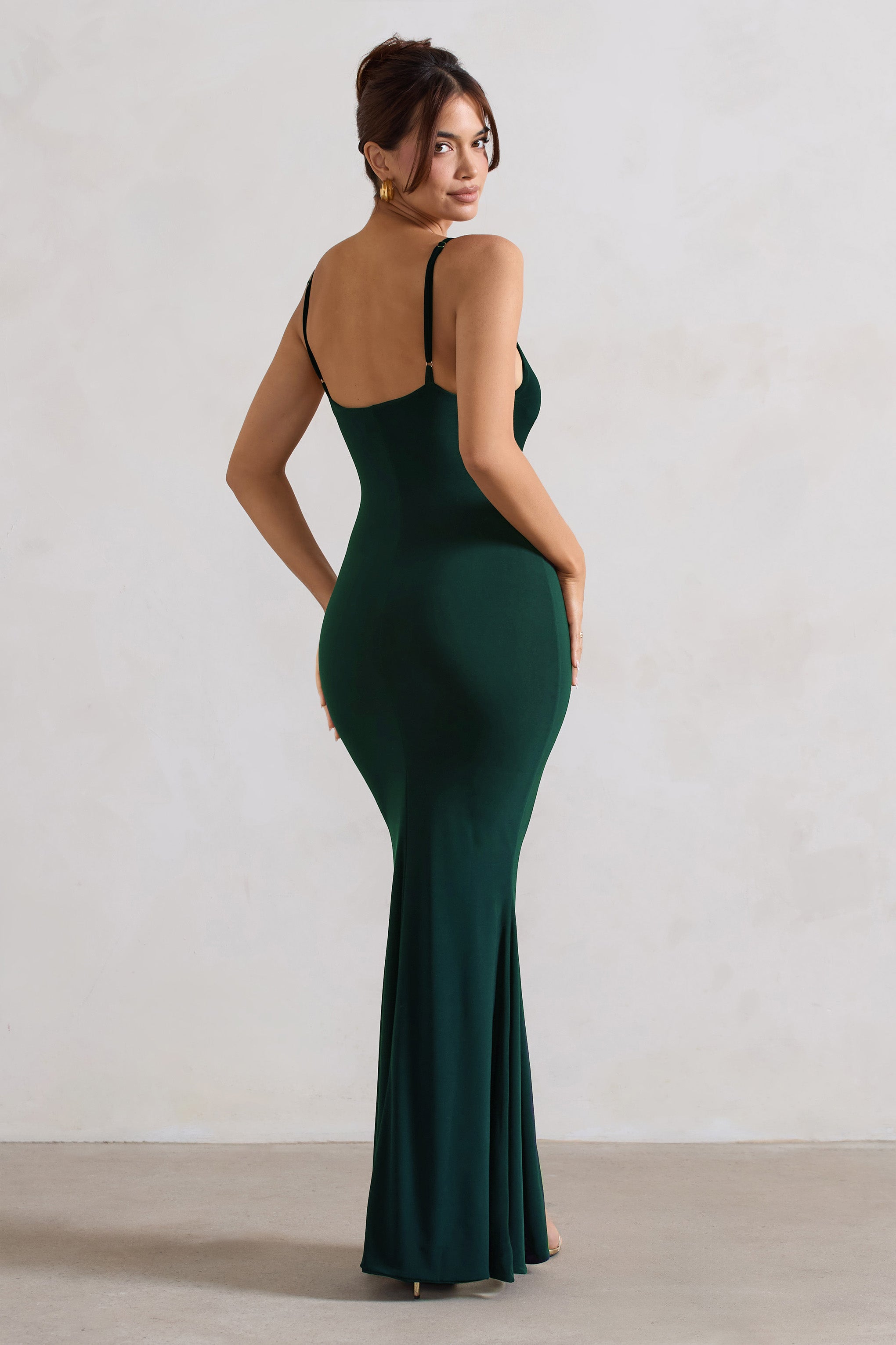 Love Shy | Bottle Green Plunge Neck Maxi Dress With Split Detail