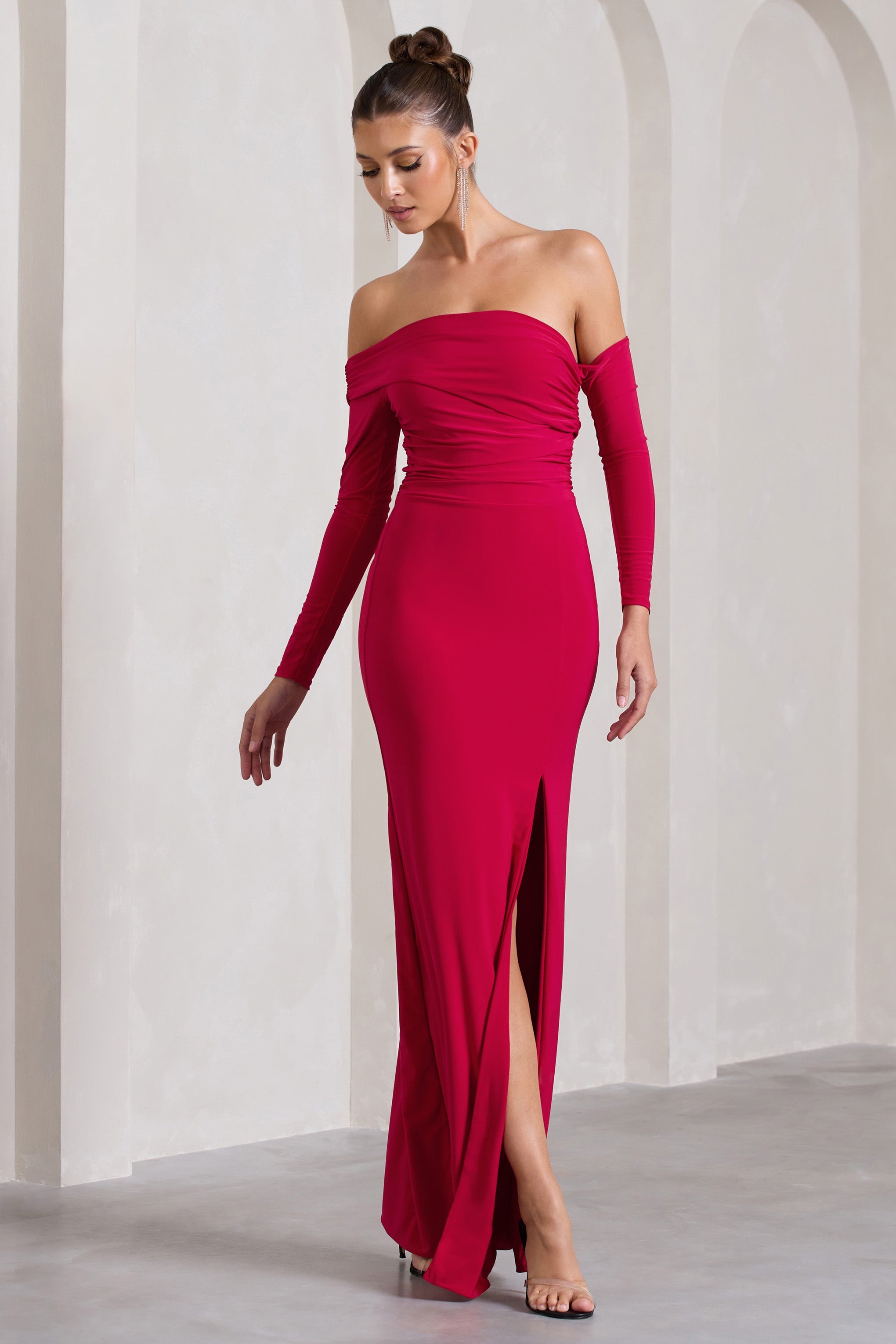 Stand Out | Red Bardot Long Sleeve Ruched Maxi With Side Split