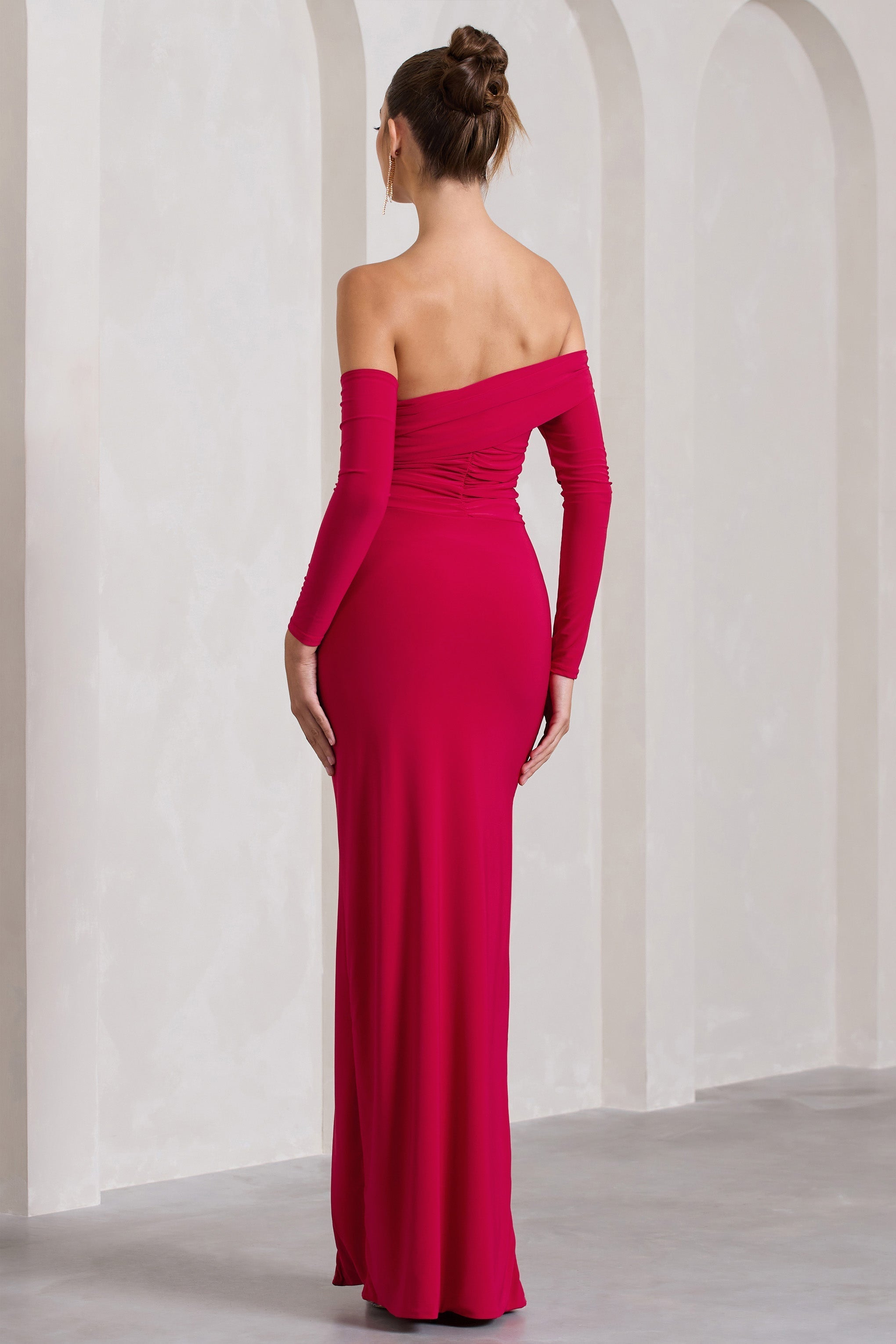 Stand Out | Red Bardot Long Sleeve Ruched Maxi With Side Split