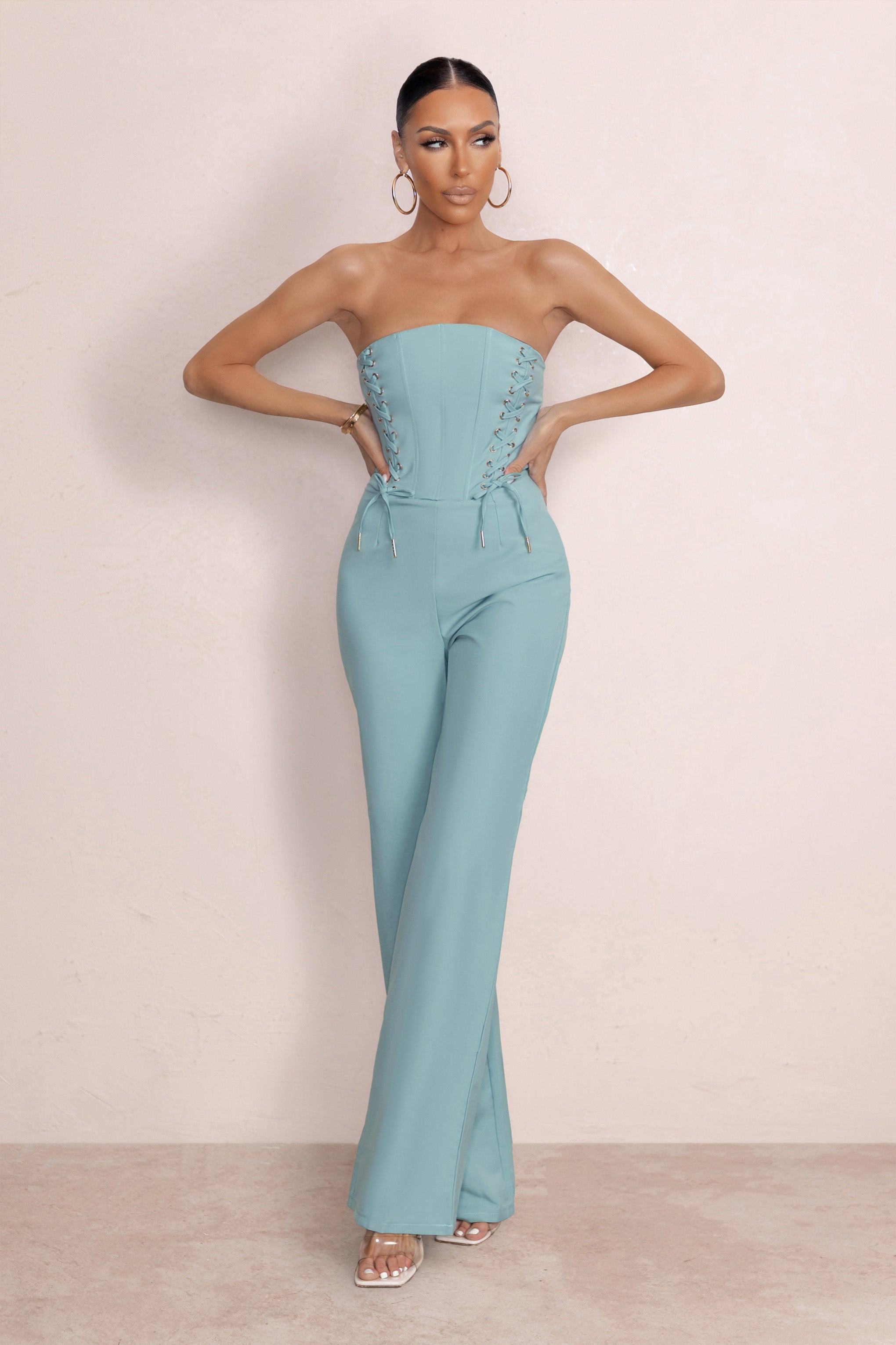 Reborn | Duck Egg Blue Bandeau Jumpsuit With Lace Up Detail