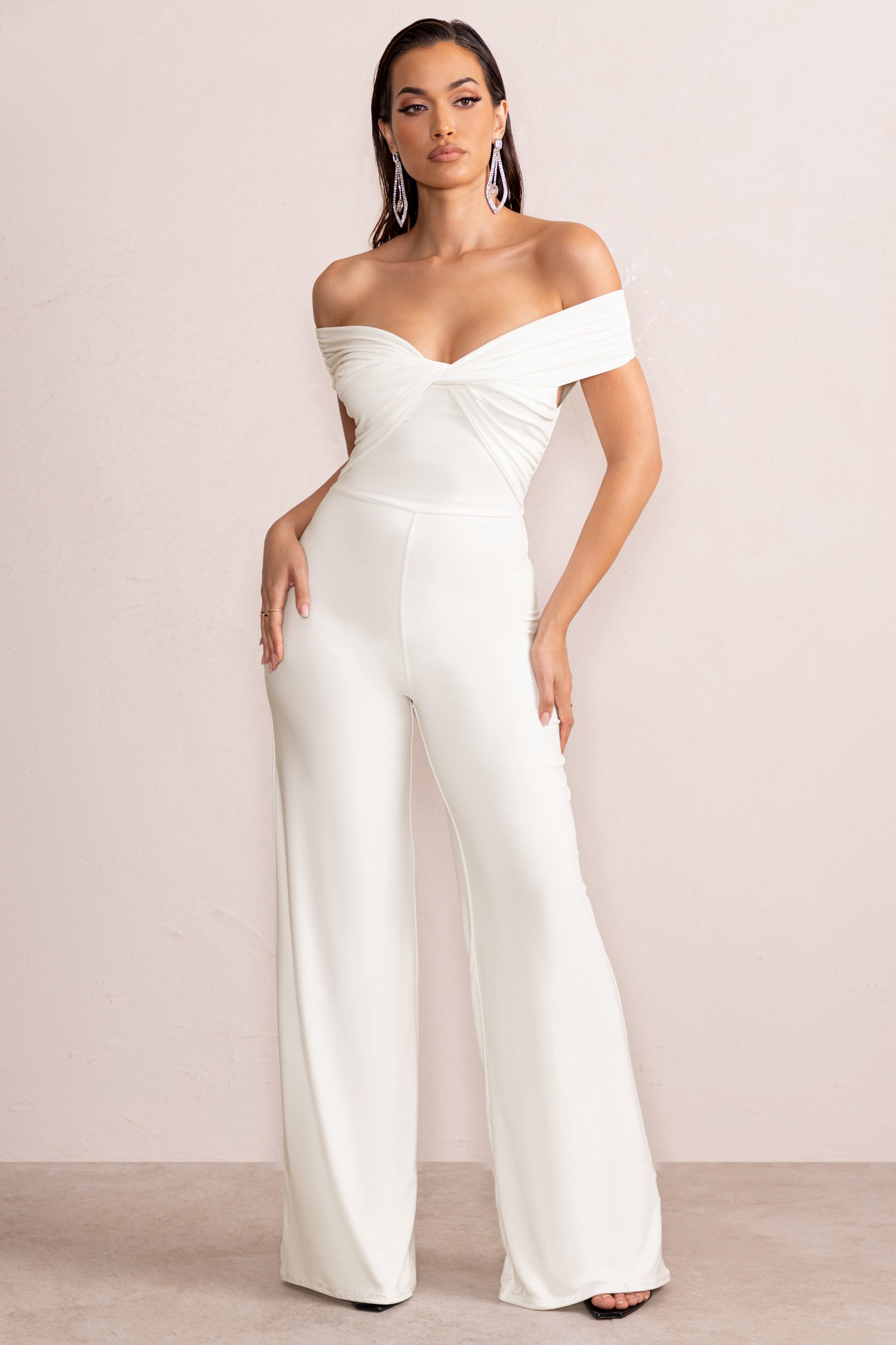 Say Less | White Bardot Front Wrap Wide Leg Jumpsuit