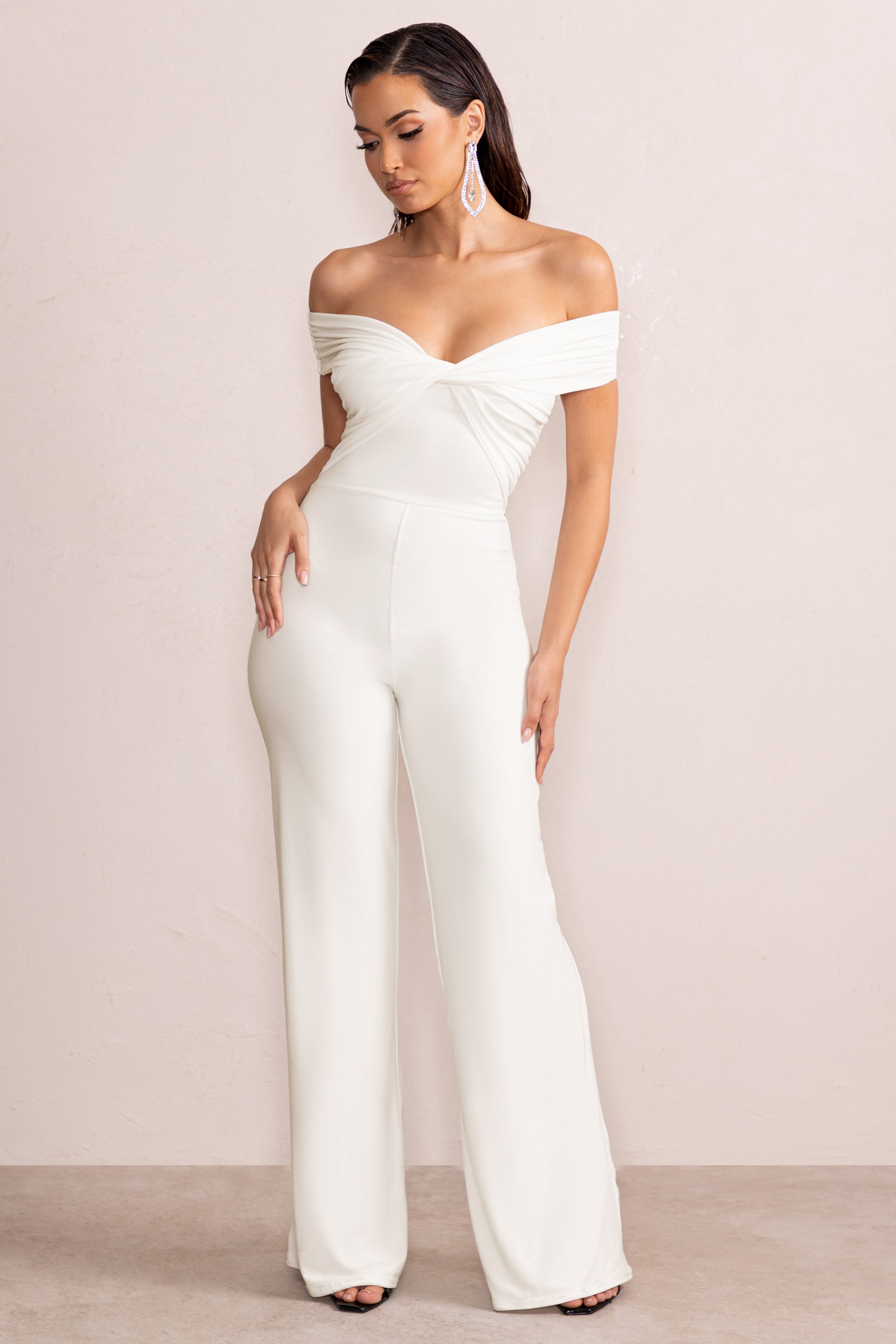 Say Less | White Bardot Front Wrap Wide Leg Jumpsuit