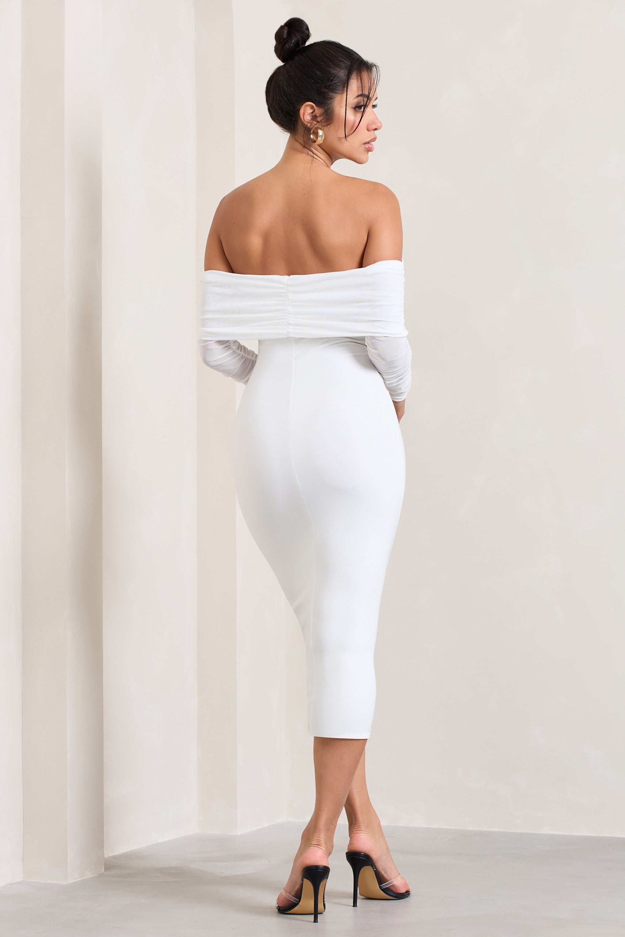 Only You | Ivory Ruched Mesh Bardot Midi Dress