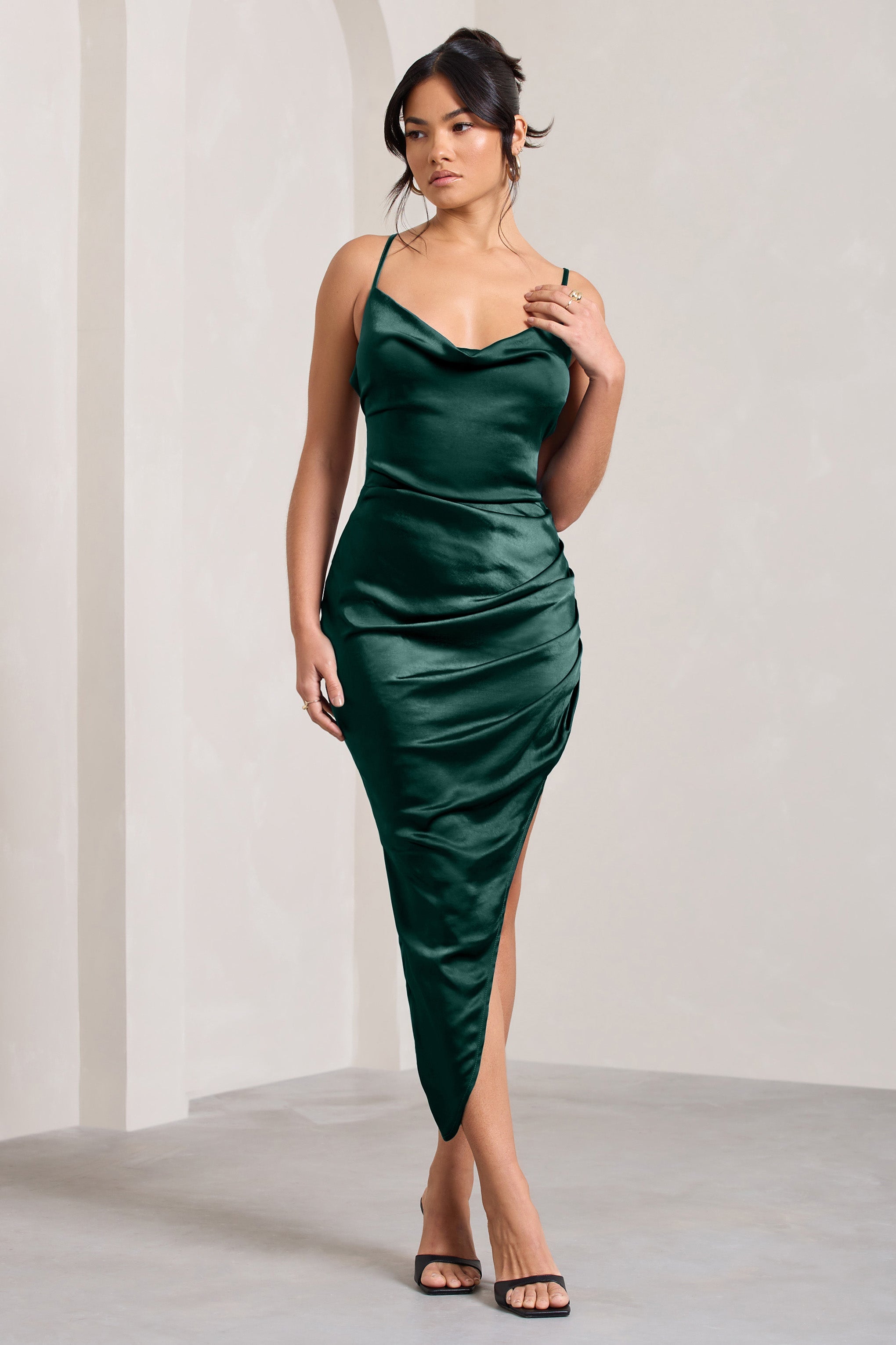 Risk It All | Bottle Green Cami Cowl Neck Asymmetric Hem Midi Dress