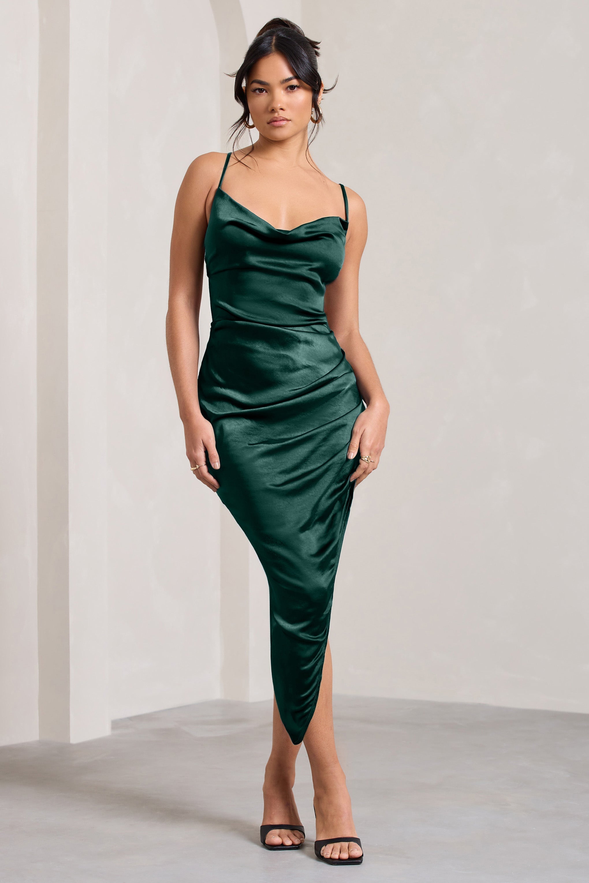 Risk It All | Bottle Green Cami Cowl Neck Asymmetric Hem Midi Dress