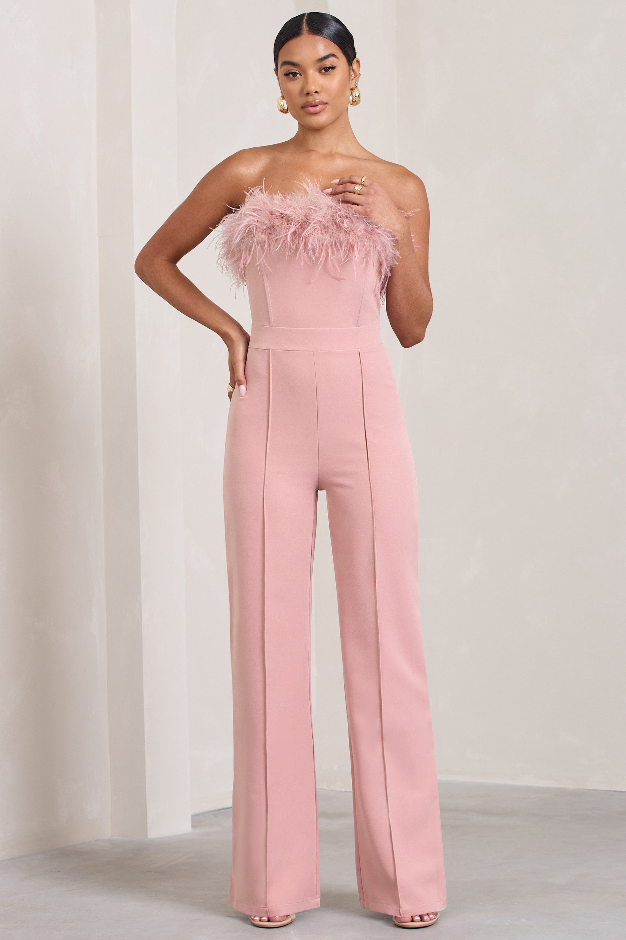 First Class | Pink Bandeau Feather Wide Leg Jumpsuit