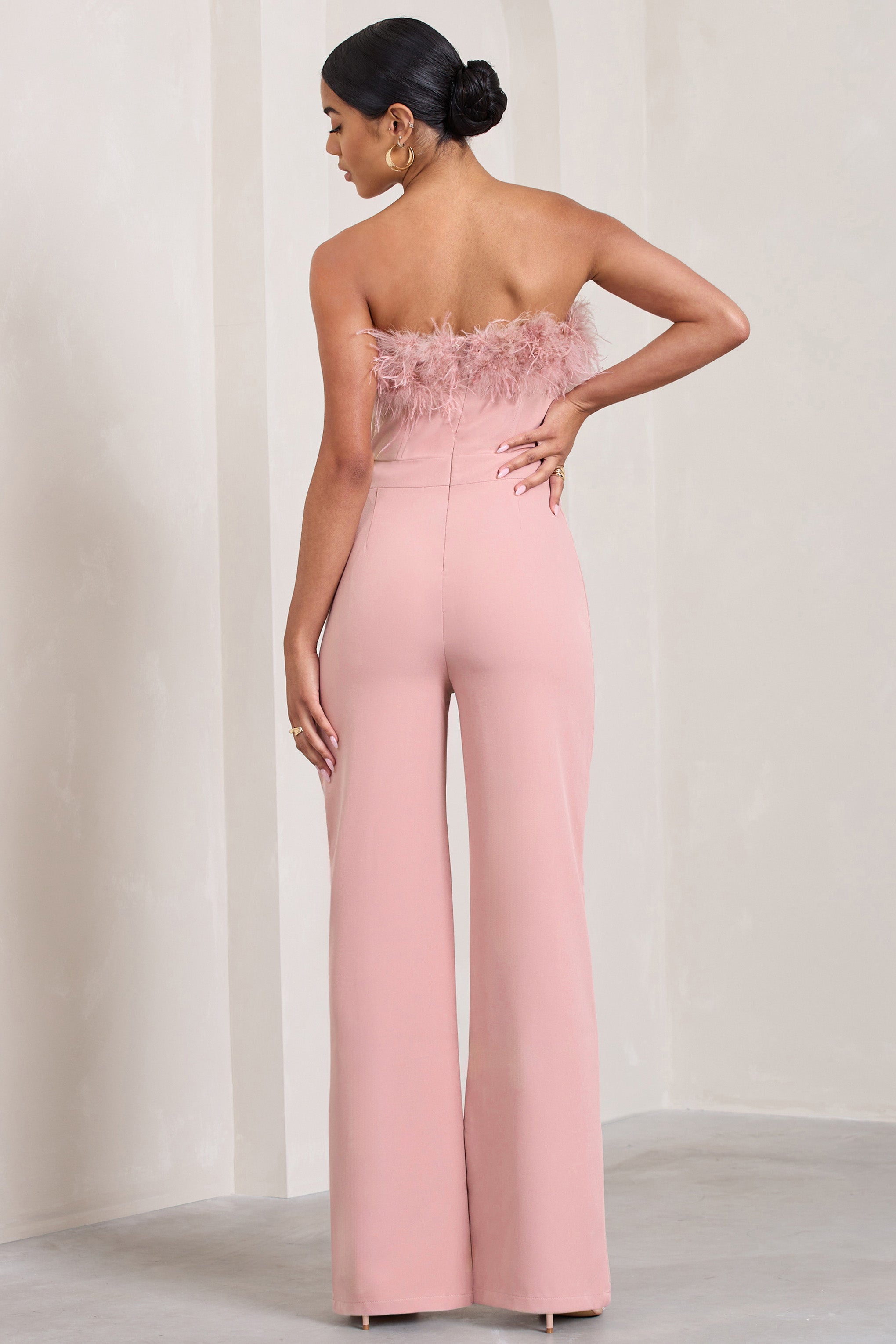 First Class | Pink Bandeau Feather Wide Leg Jumpsuit