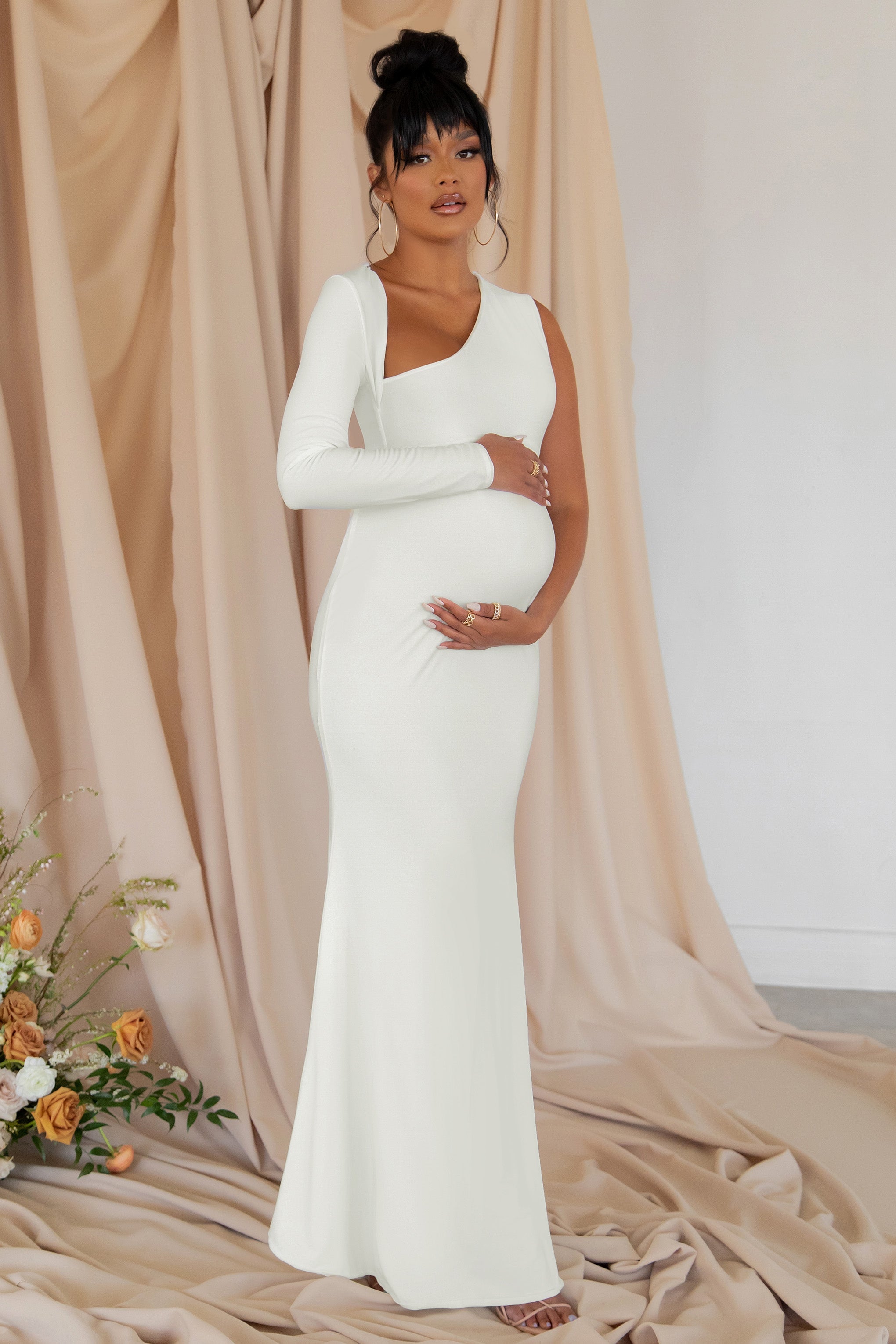 Oh Baby | White Maternity One Shoulder Bodycon Maxi Dress