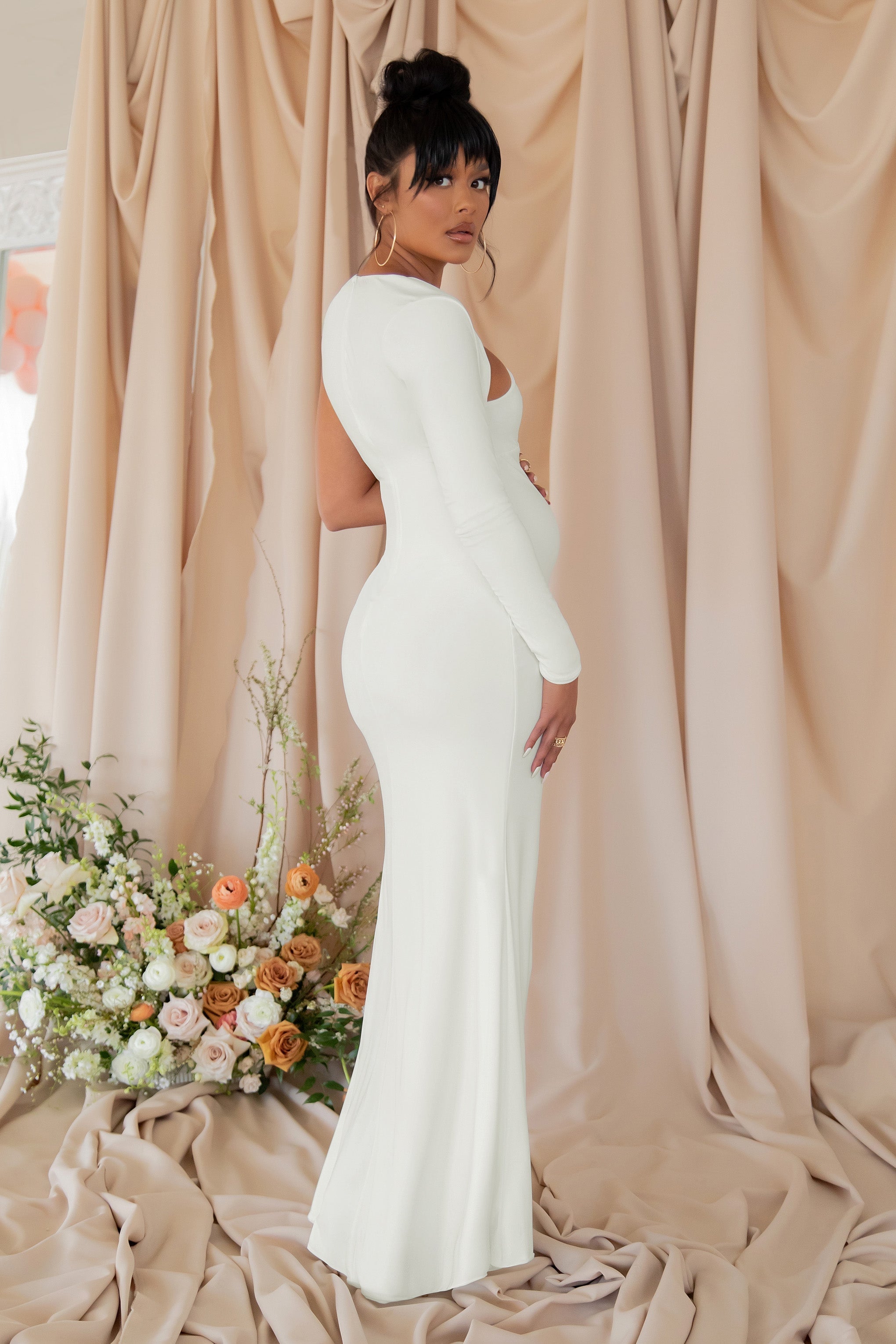 Oh Baby | White Maternity One Shoulder Bodycon Maxi Dress