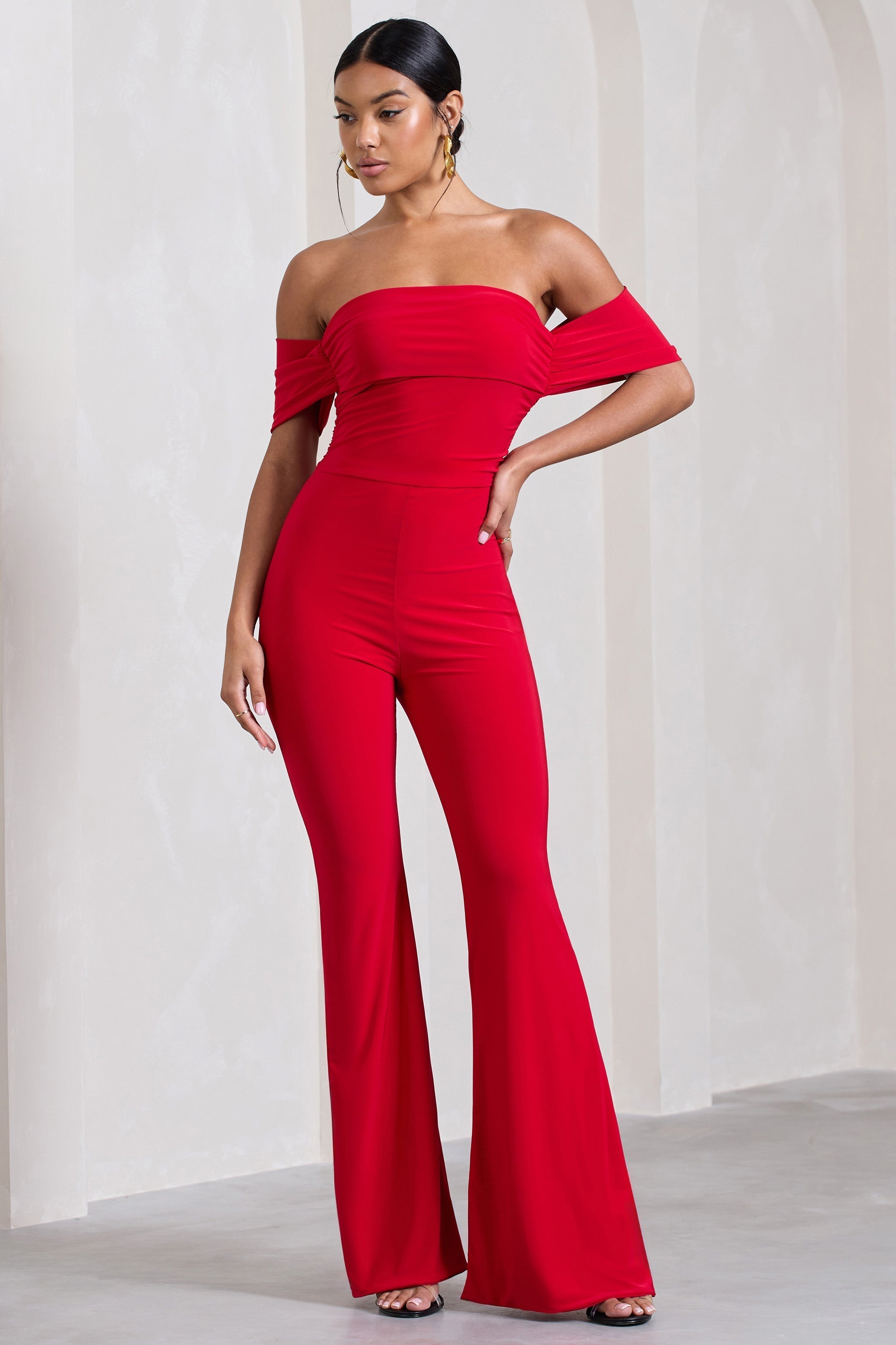 Red Carpet | Red Bardot Ruched Draped Jumpsuit