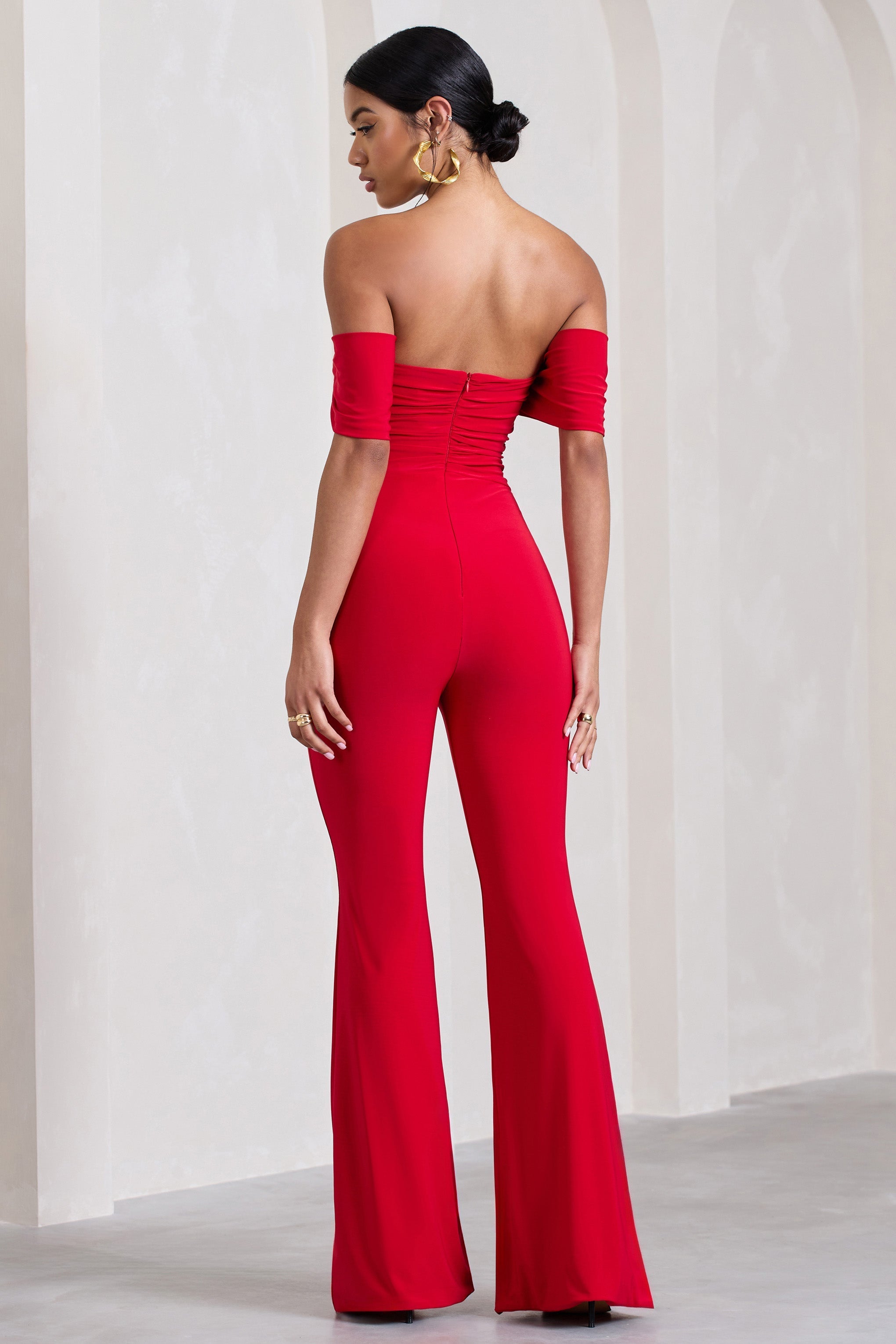 Red Carpet | Red Bardot Ruched Draped Jumpsuit