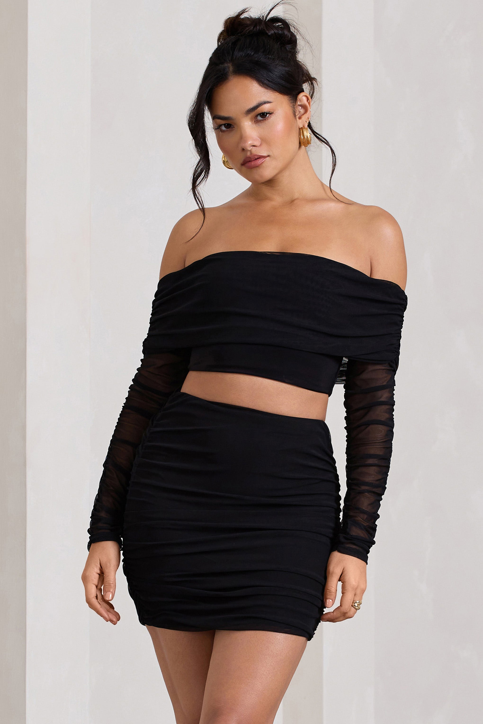 Rule Breaker | Black Ruched Mesh Bardot Crop Top