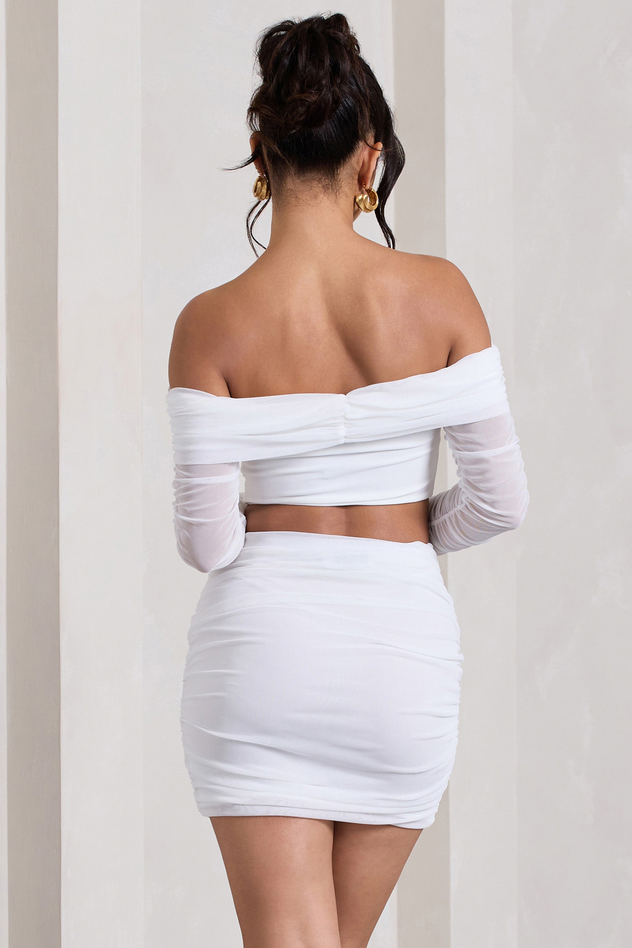 Rule Breaker | White Ruched Mesh Bardot Crop Top