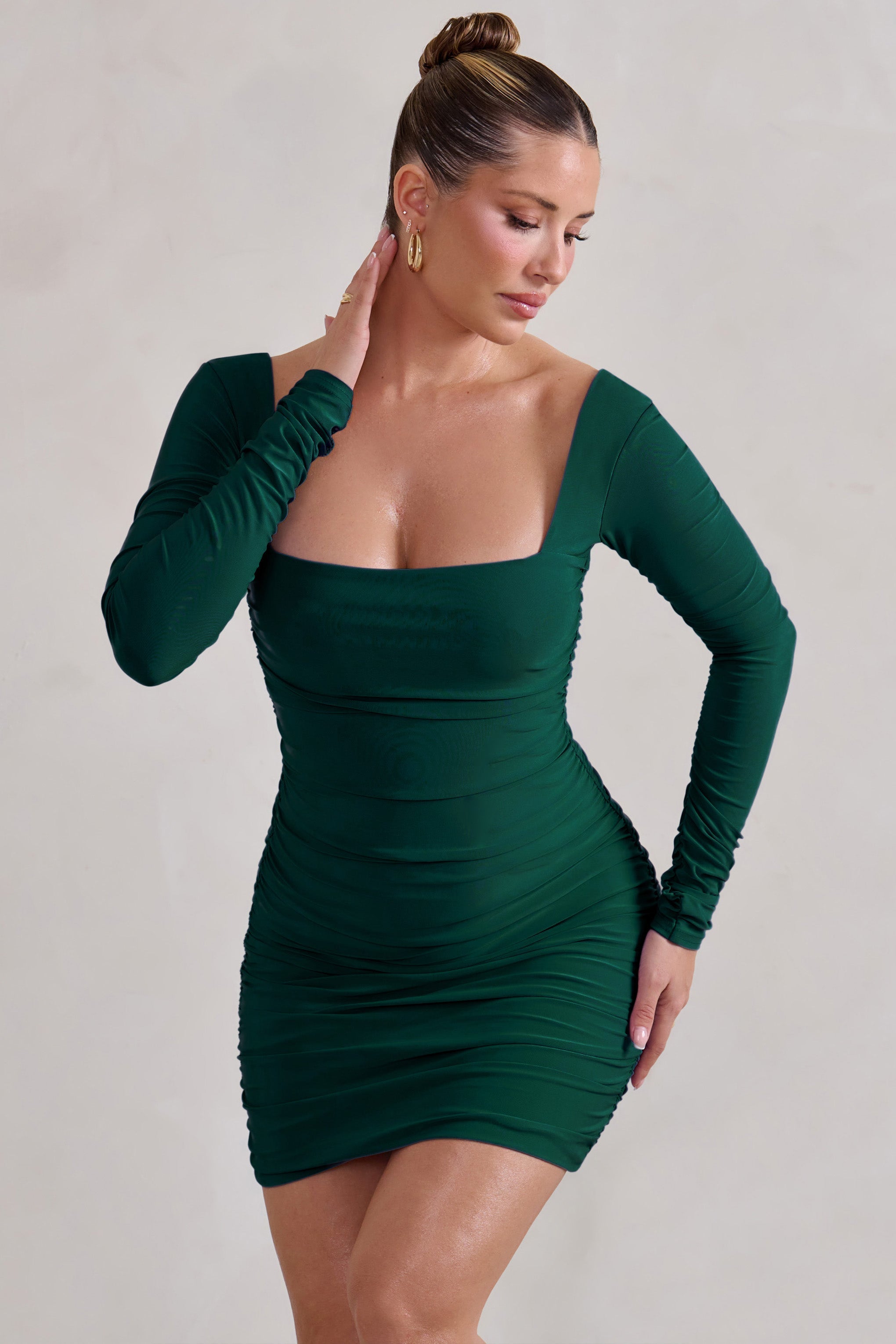 Muse | Green Long Sleeve Square Neck Ruched Mini Dress