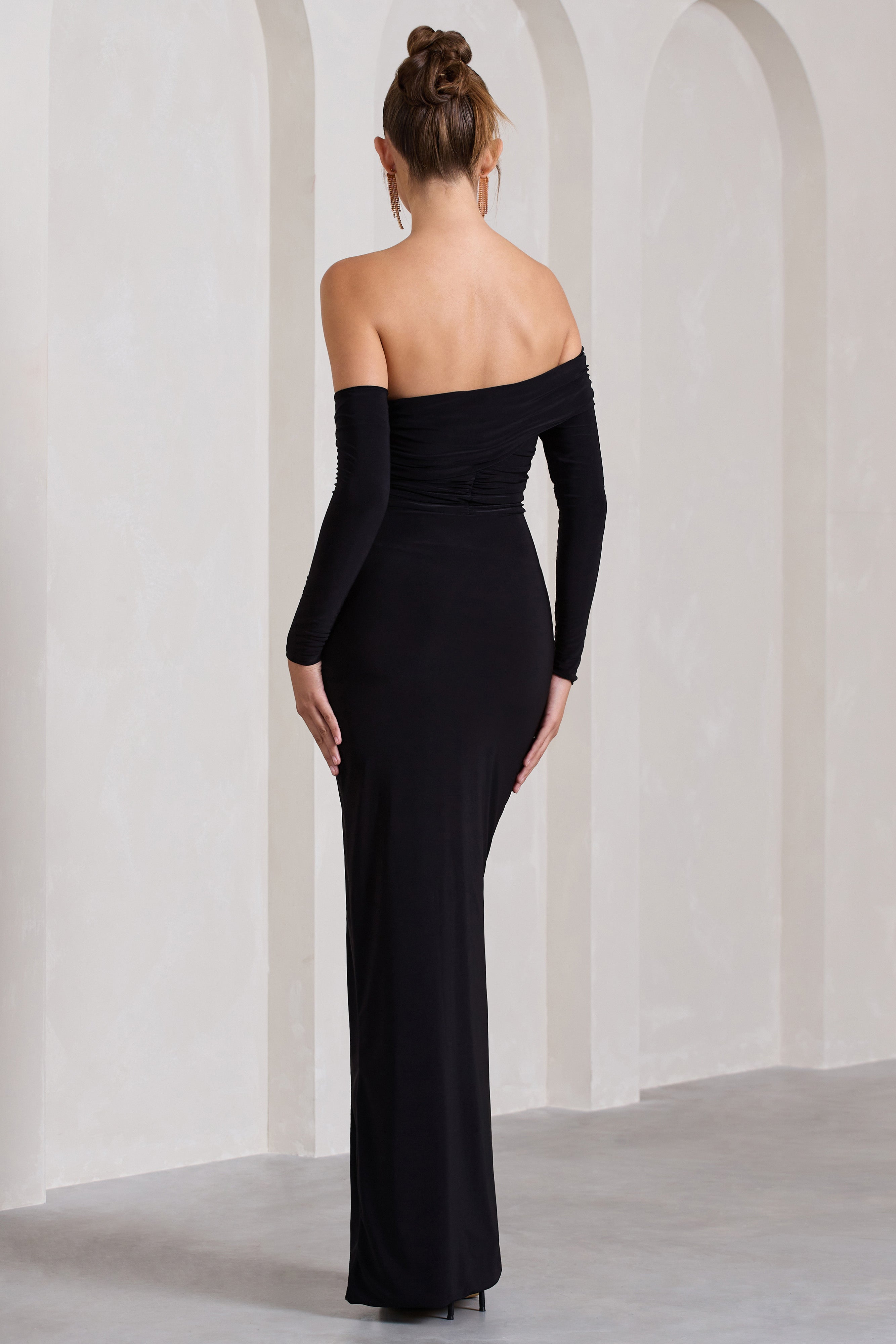 Stand Out | Black Bardot Long Sleeve Ruched Maxi With Side Split