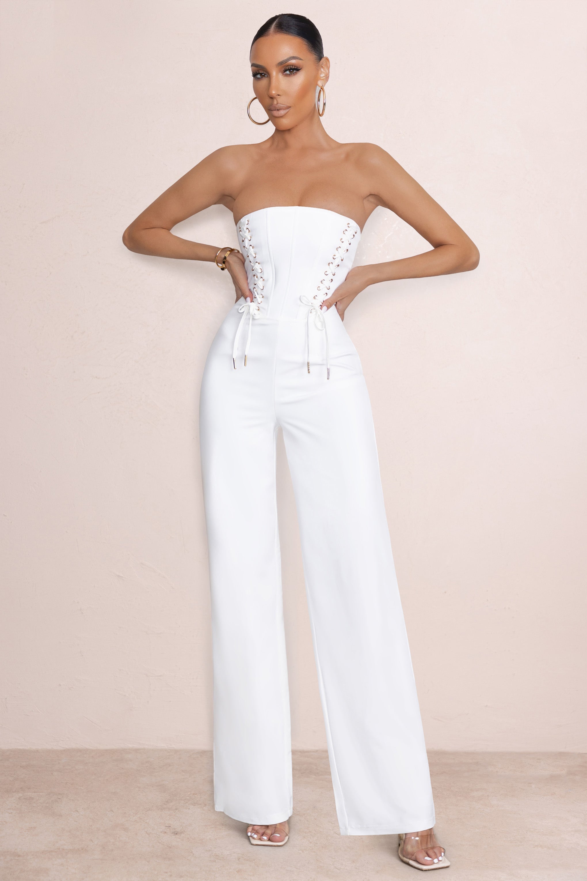 Reborn | White Bandeau Jumpsuit With Lace Up Detail