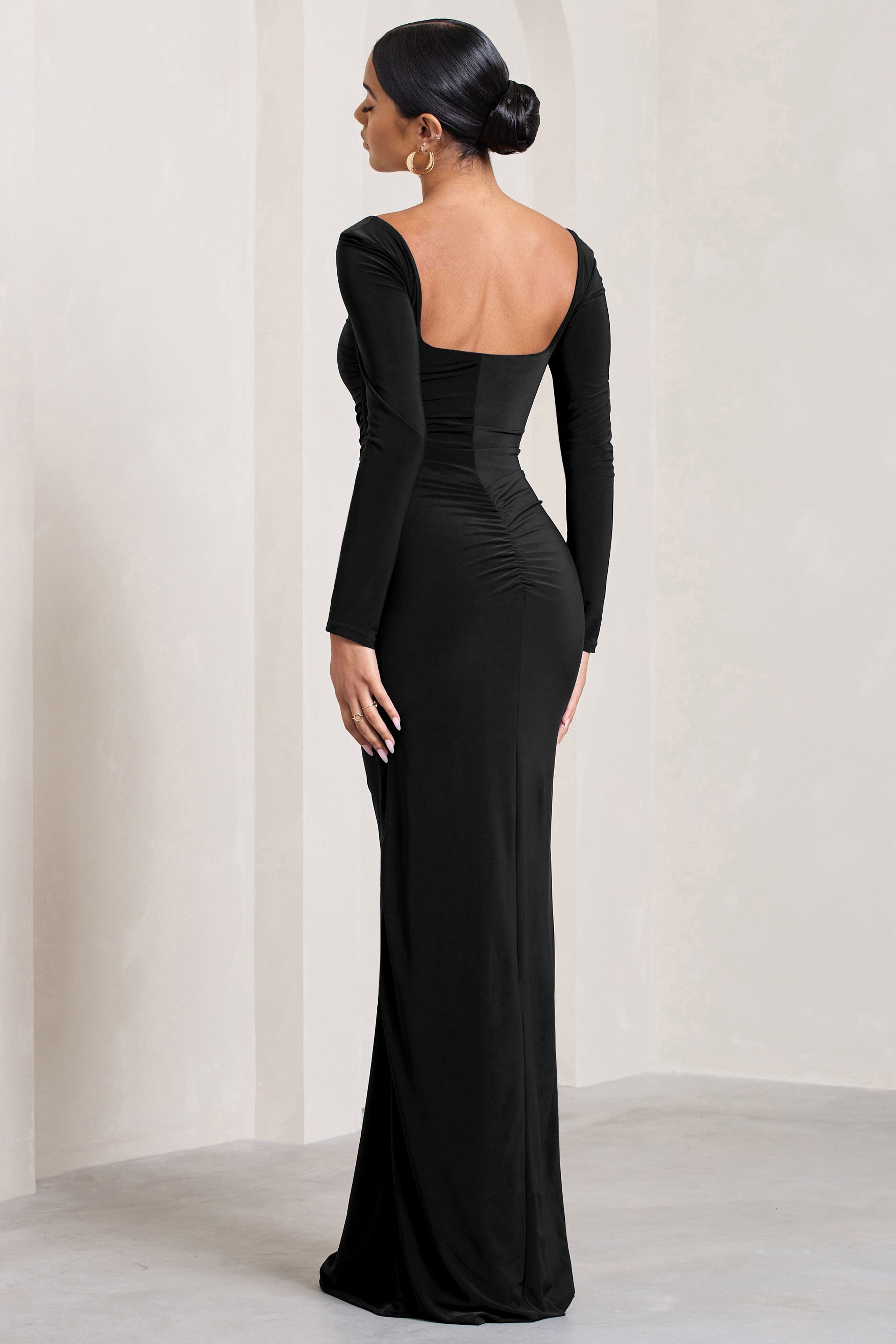 My Pleasure | Black Square Neck Ruched Maxi Dress