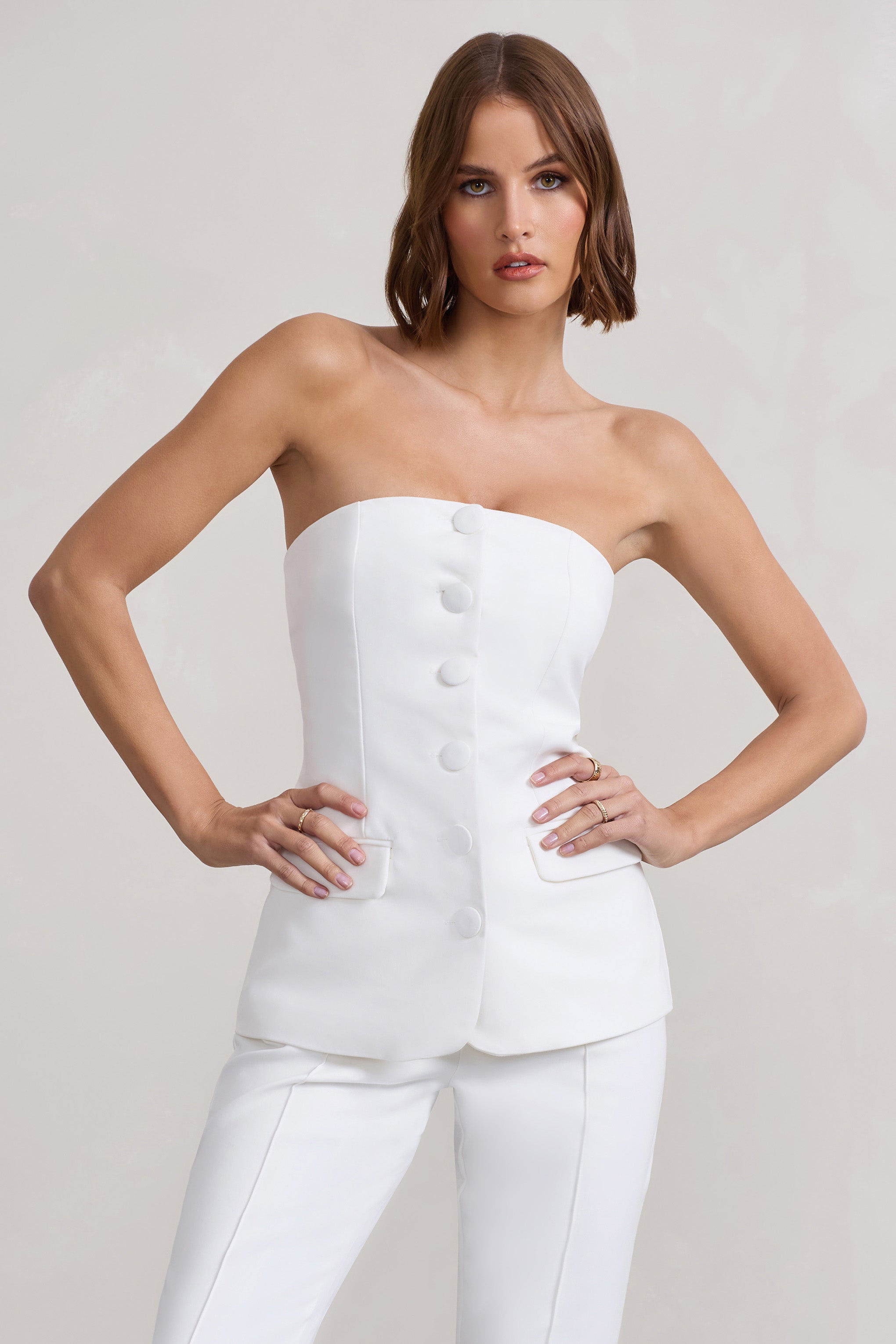 Elliana | White Strapless Button Front Tailored Top