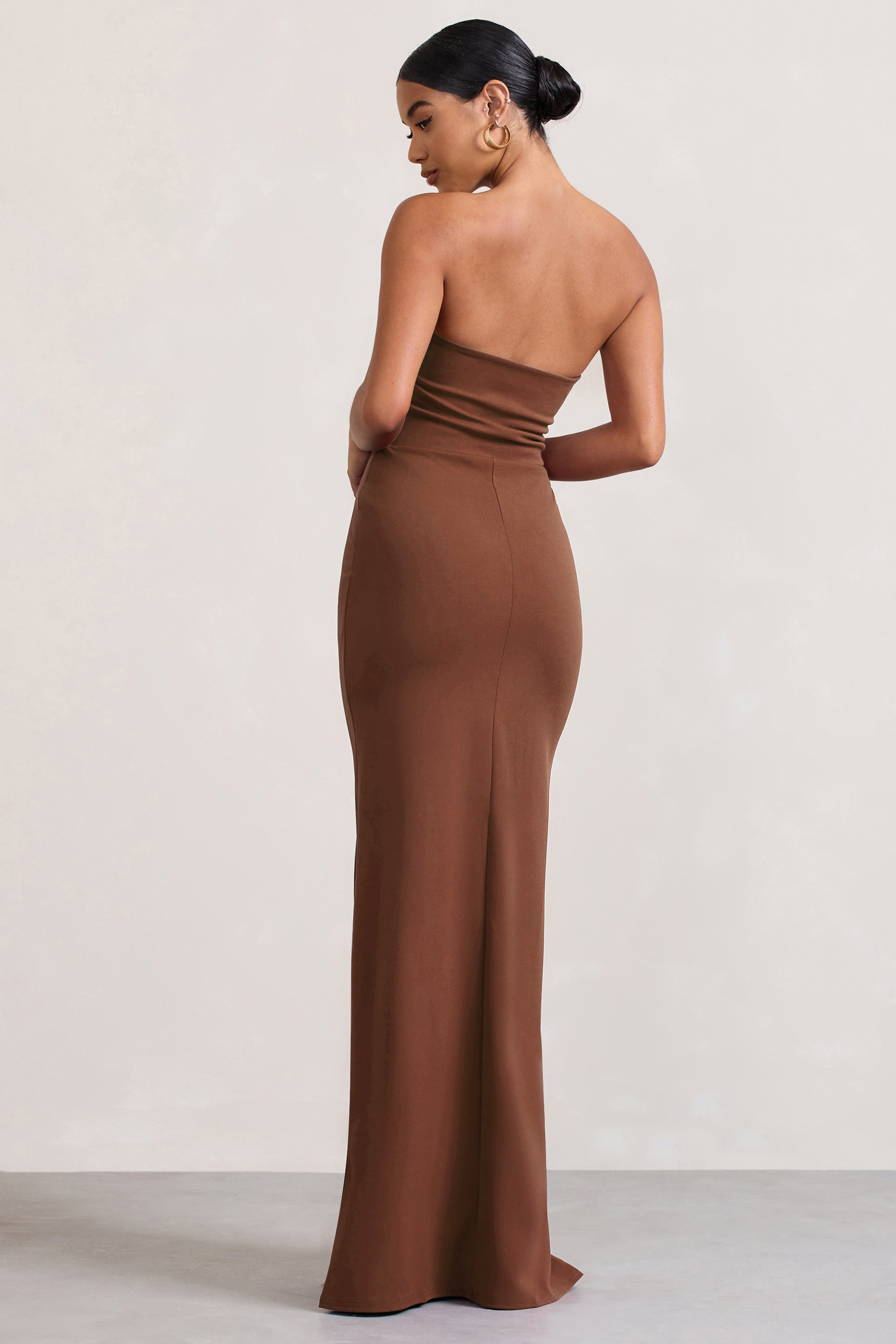 Belle of The Ball | Brown Bandeau Maxi Dress With Split Hem