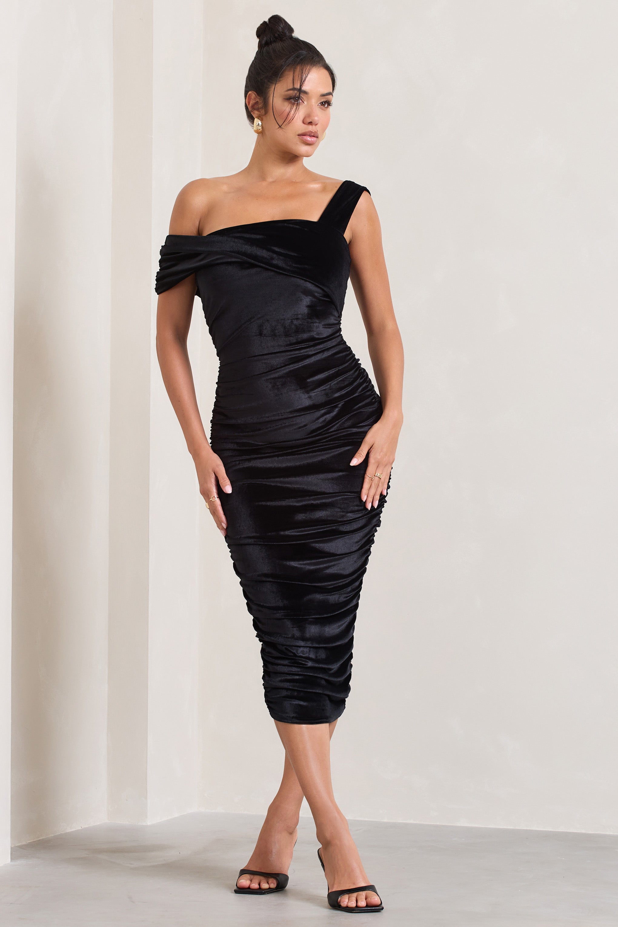 Daniela | Black Velvet One Shoulder Ruched Midi Dress