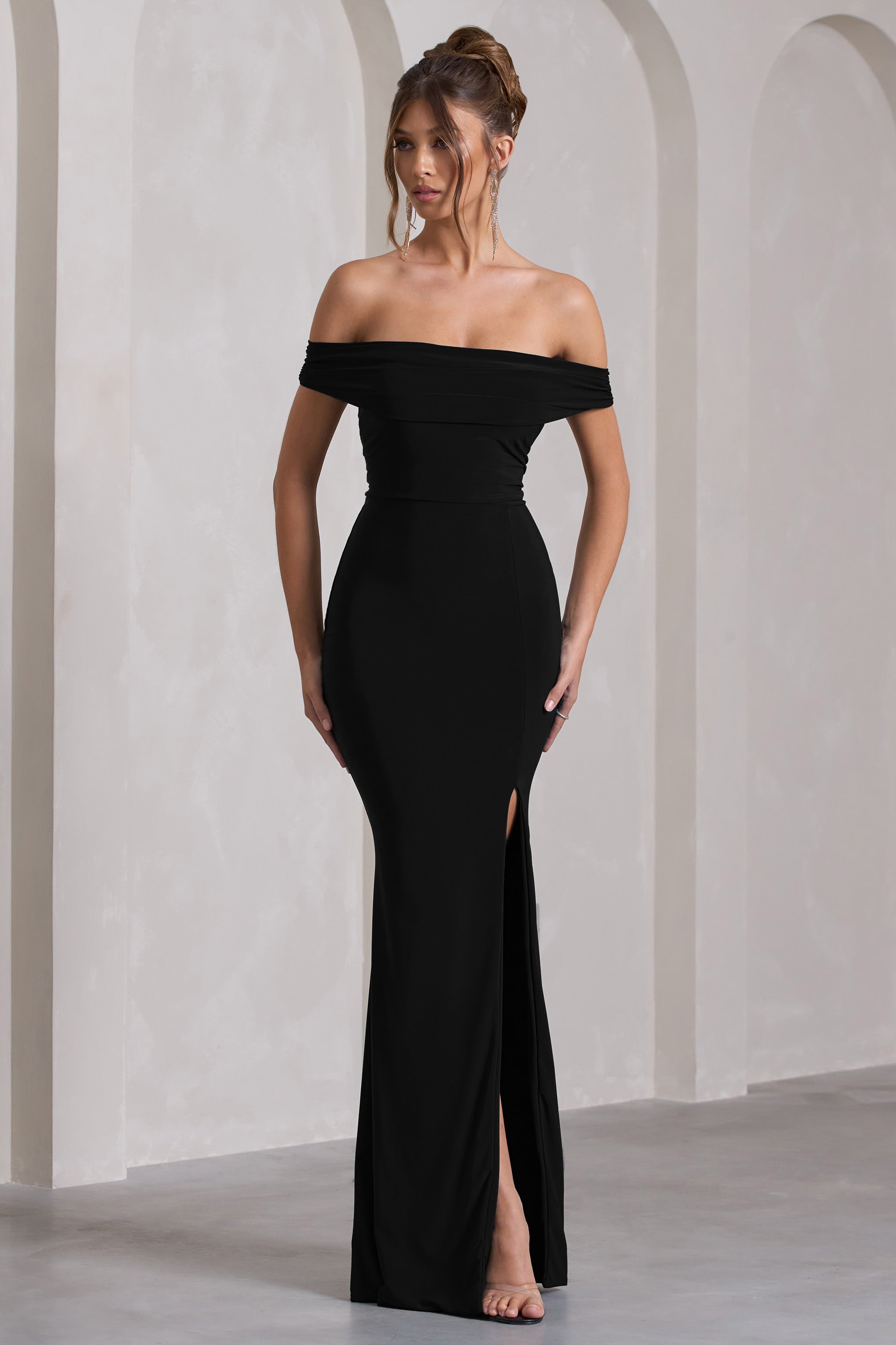 Law of Attraction | Black Bardot Draped Split Maxi Dress