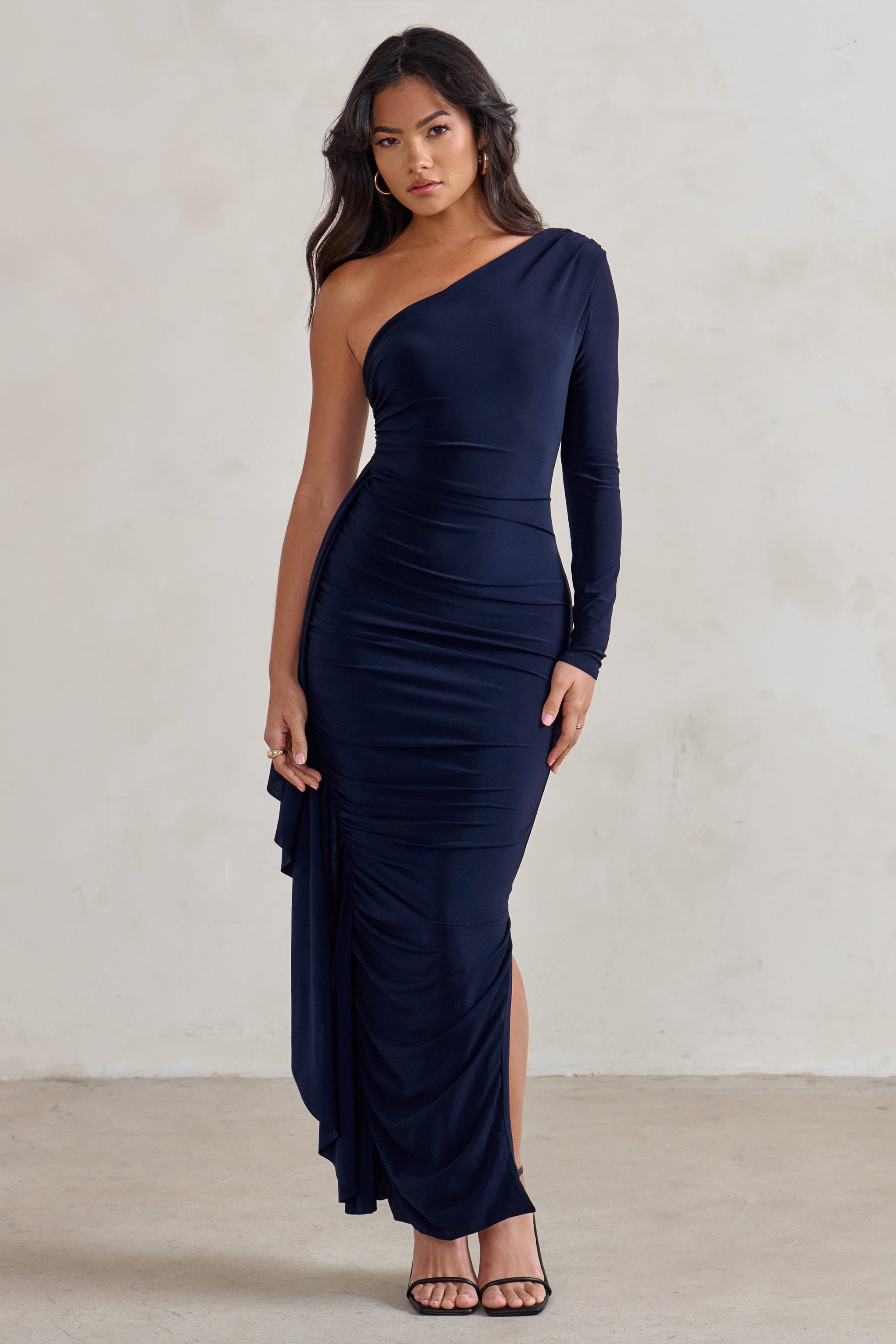 Never Let Go | Navy One Shoulder Ruched Side Detail Maxi Dress