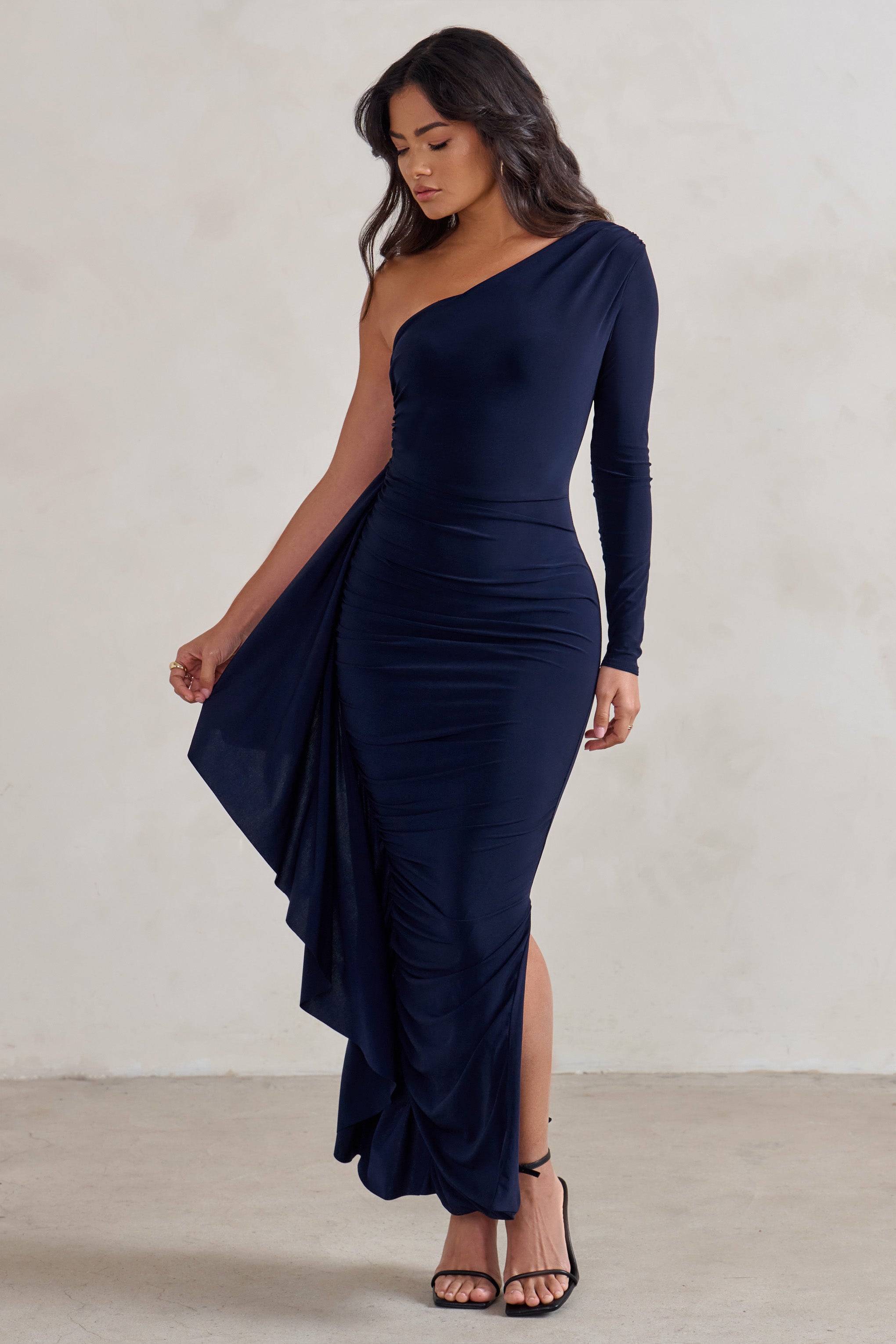 Never Let Go | Navy One Shoulder Ruched Side Detail Maxi Dress