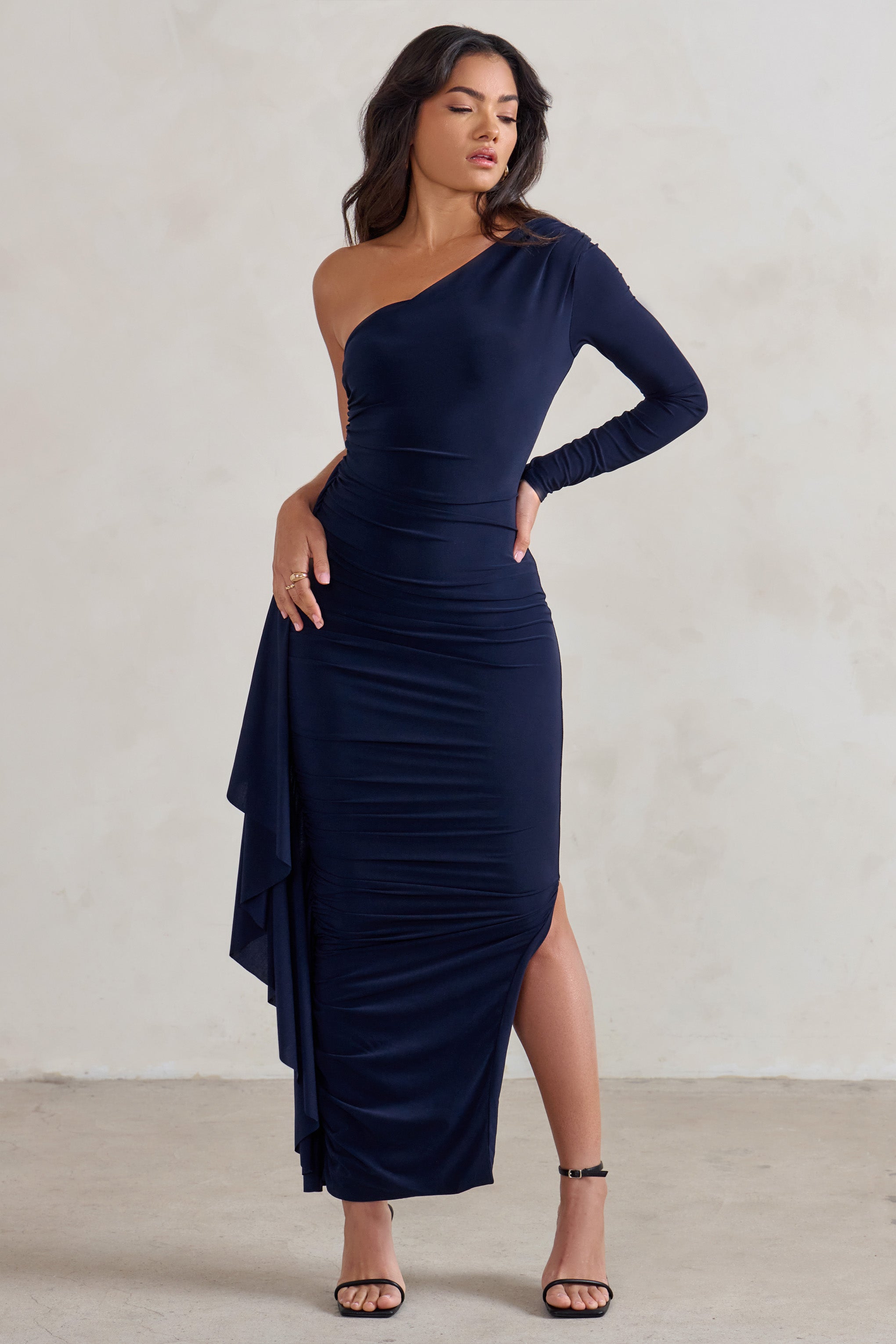 Never Let Go | Navy One Shoulder Ruched Side Detail Maxi Dress