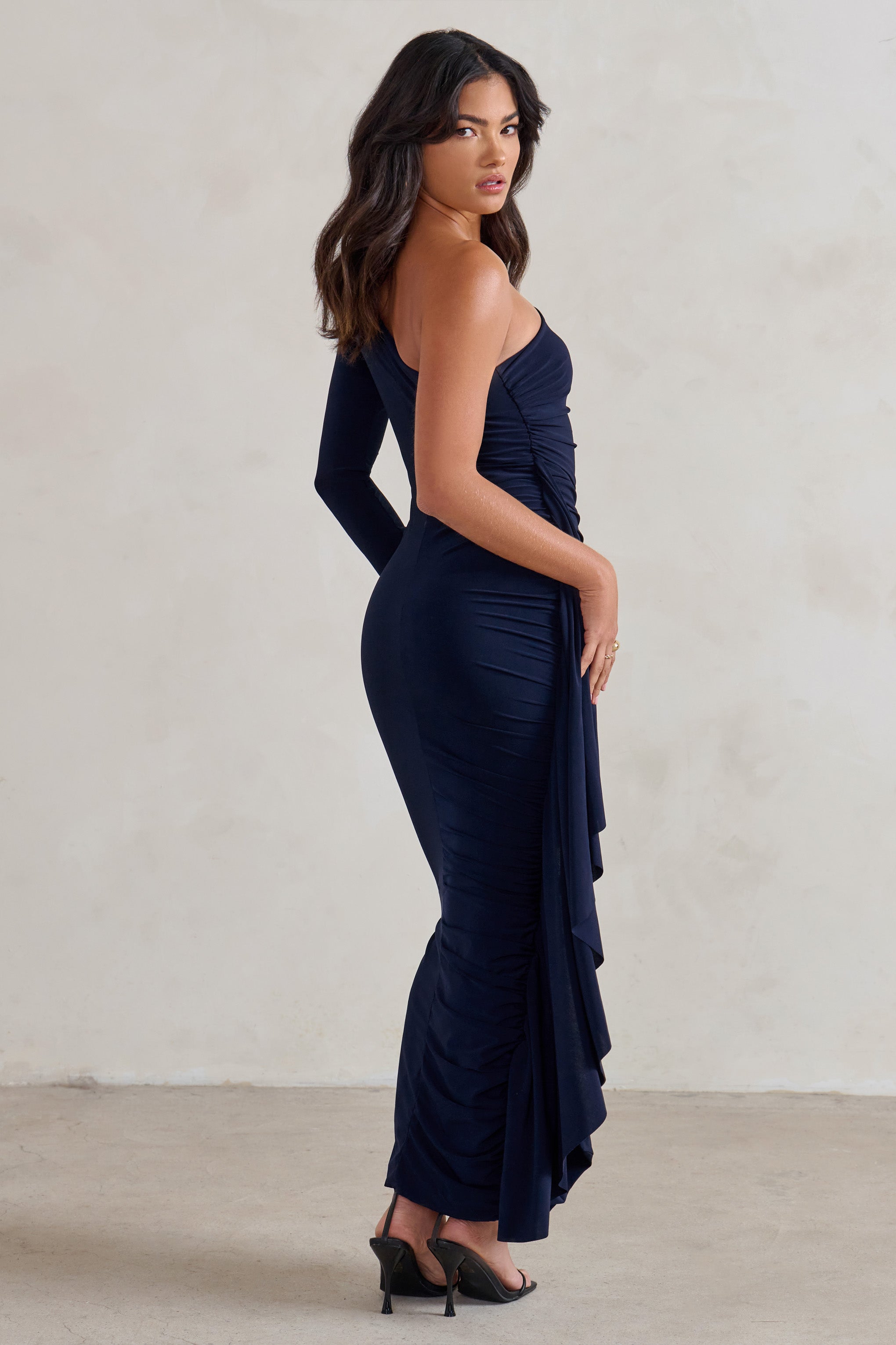 Never Let Go | Navy One Shoulder Ruched Side Detail Maxi Dress