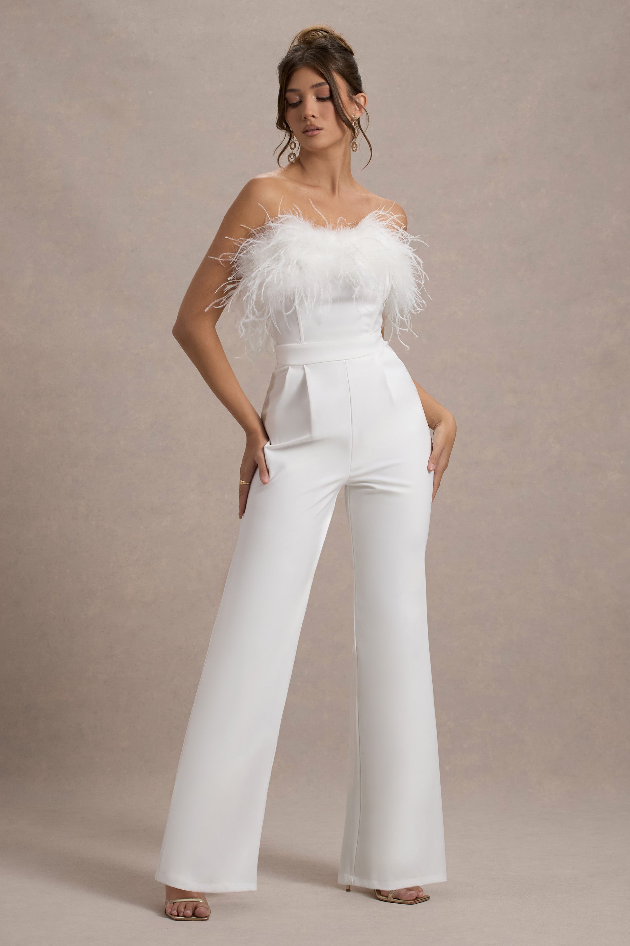 First Class | White Bandeau Feather Wide Leg Jumpsuit