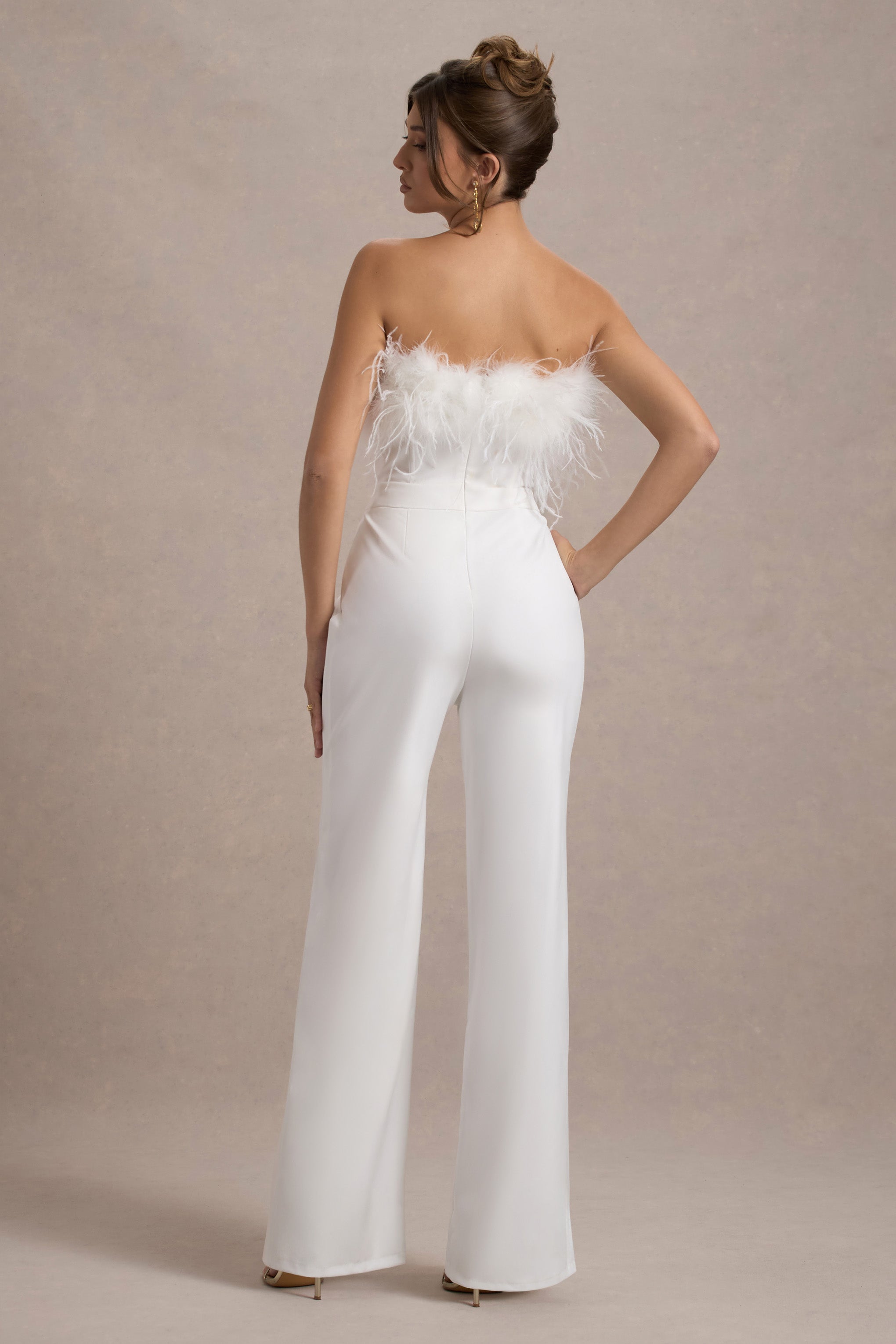 First Class | White Bandeau Feather Wide Leg Jumpsuit